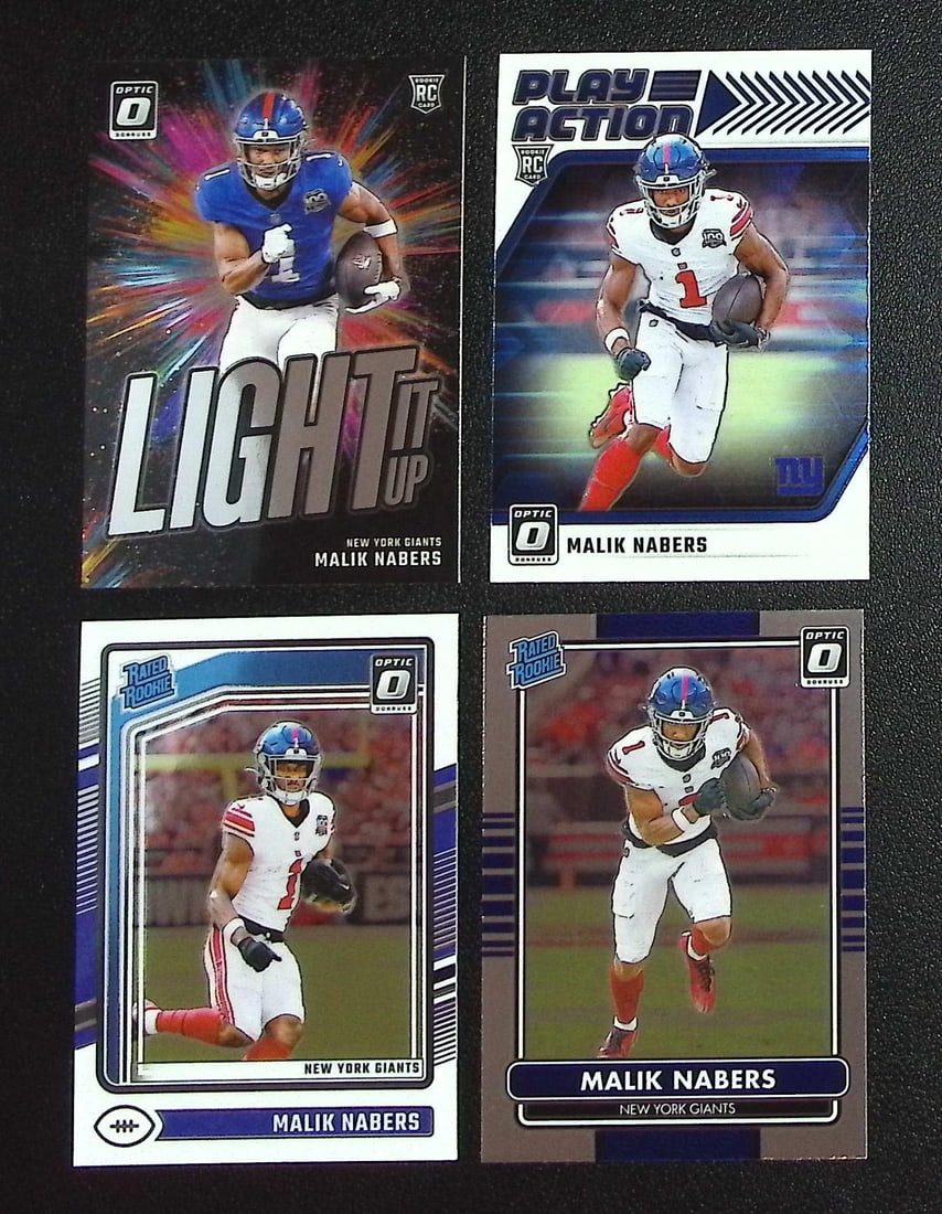 Lot of 4 Malik Nabers Rookie Cards. All Donruss Optic, All Different, See Pictures: Panini, Donruss Optic, & Donruss Select, Prizm, Mosaic, Contenders, Zenith, Phoenix, Illusions, Absolute, Rookie NFL Sports Trading Cards, SP, SSP, Cards, Football Cards for Sale Near Me, Superbowl & 