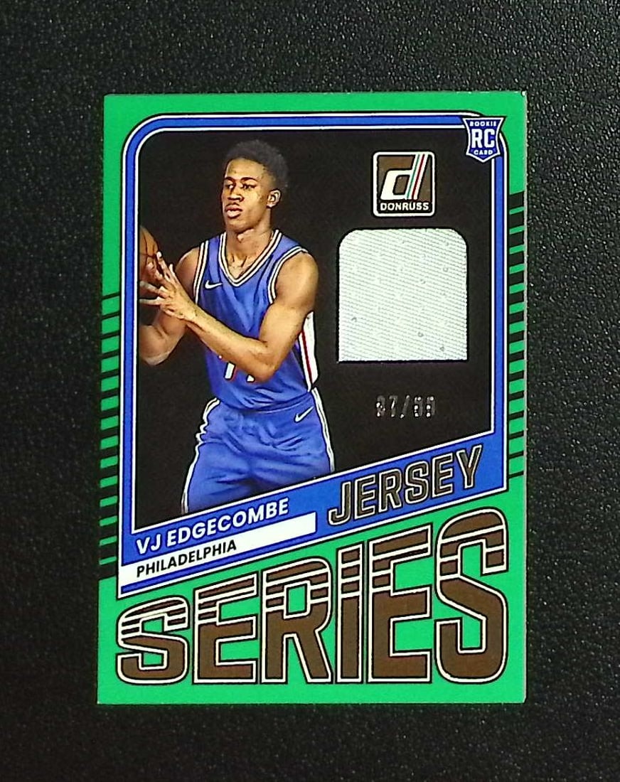 Vj Edgecombe Rookie Patch Green /99 2025-26 Donruss #JS-VJE Philadelphia 76ers: Panini, Donruss Optic, Donruss Select, Prizm, Mosaic, Contenders, Revolution, Phoenix, NBA Hoops, Rookie NFL Sports Trading Cards, Silver, SP, SSP, Wave Prizms, Numbered Cards, Basketball sports Cards
