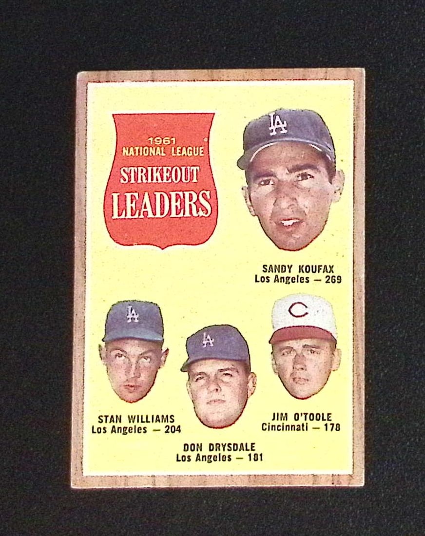 1961 NL Strikeout Leaders Koufax/Williams/Drysdale/O'Toole 1962 Topps #60 Vintage: MLB Trading Cards, Baseball Cards, Topps Cards, Topps Baseball Cards, Topps Vintage Cards, Sports Cards for Sale Near Me, Vintage Sports Card, Vintage Baseball Cards, Old Baseball Cards, Old Sports Ca