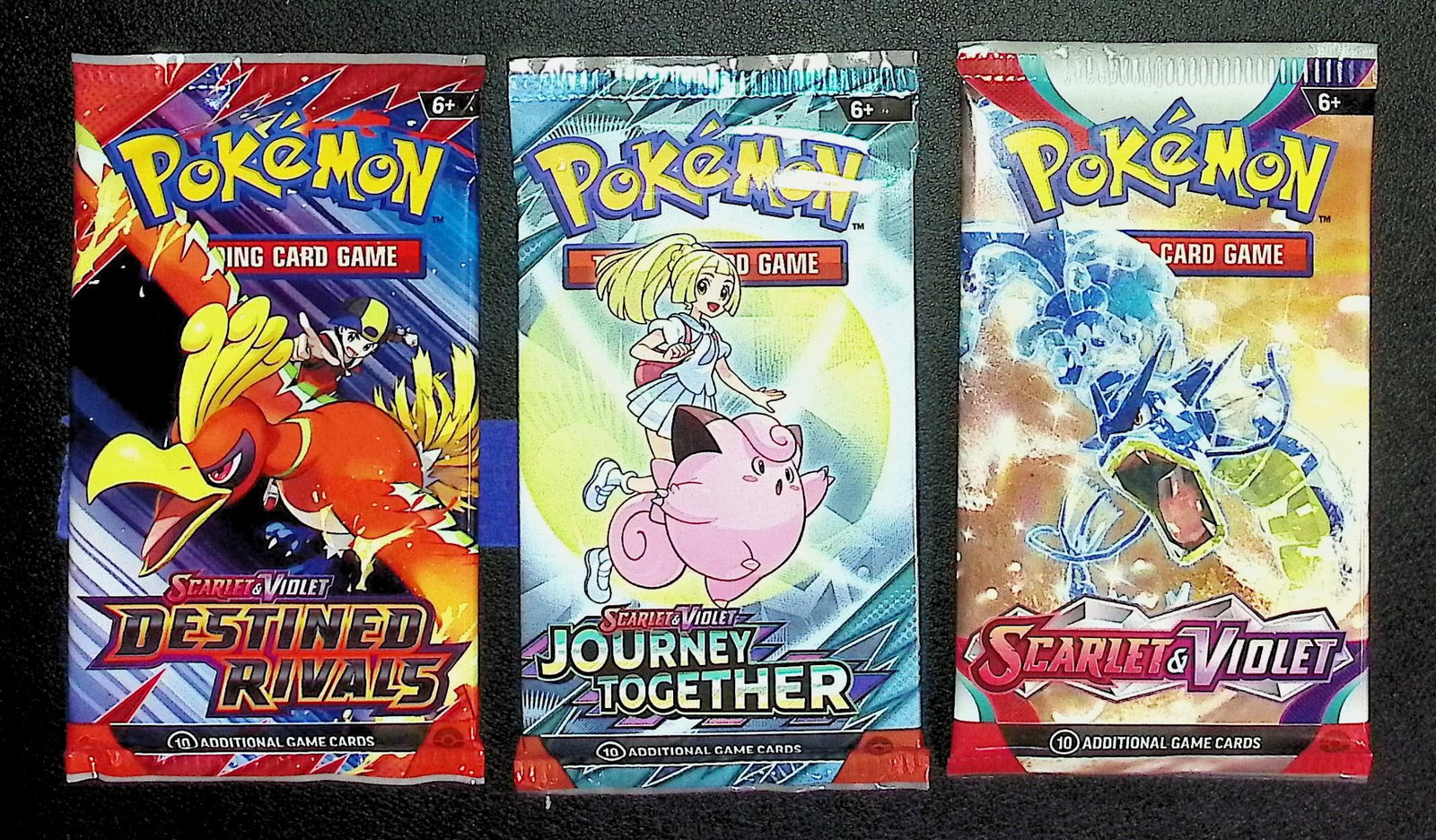 3 COUNT: 1 - Pokemon Destined Rivals, 1 - Journey Together, & 1 - Scarlet & Violet Booster Packs: Pokemon Trading Card Game Cards, Charizard, Pikachu, Mewto, EX, Referse Holo, Holo Rare Cards, Secret Rare Cards, Full Art Cards, Evee, 3 Stars Ultra Rare Cards, Double Rare, Illustration Rare, Specia