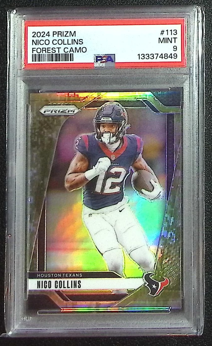 Nico Collins Forest Camo /15 2024 Panini Prizm #113 PSA 9 Houston Texans: Panini, Donruss Optic, & Donruss Select, Prizm, Mosaic, Contenders, Zenith, Phoenix, Illusions, Absolute, Rookie NFL Sports Trading Cards, SP, SSP, Cards, Football Cards for Sale Near Me, Superbowl & 