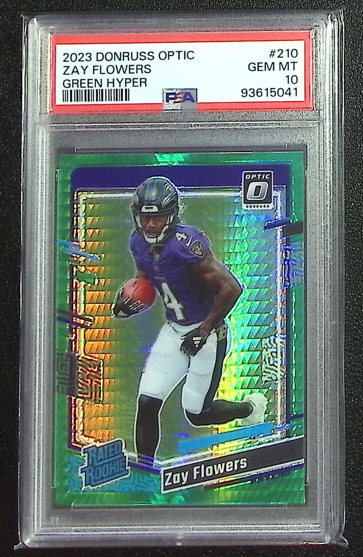 Zay Flowers Rookie Green Hyper 2023 Donruss Optic #210 PSA 10 Pop 22, Ravens: Panini, Donruss Optic, & Donruss Select, Prizm, Mosaic, Contenders, Zenith, Phoenix, Illusions, Absolute, Rookie NFL Sports Trading Cards, SP, SSP, Cards, Football Cards for Sale Near Me, Superbowl & 