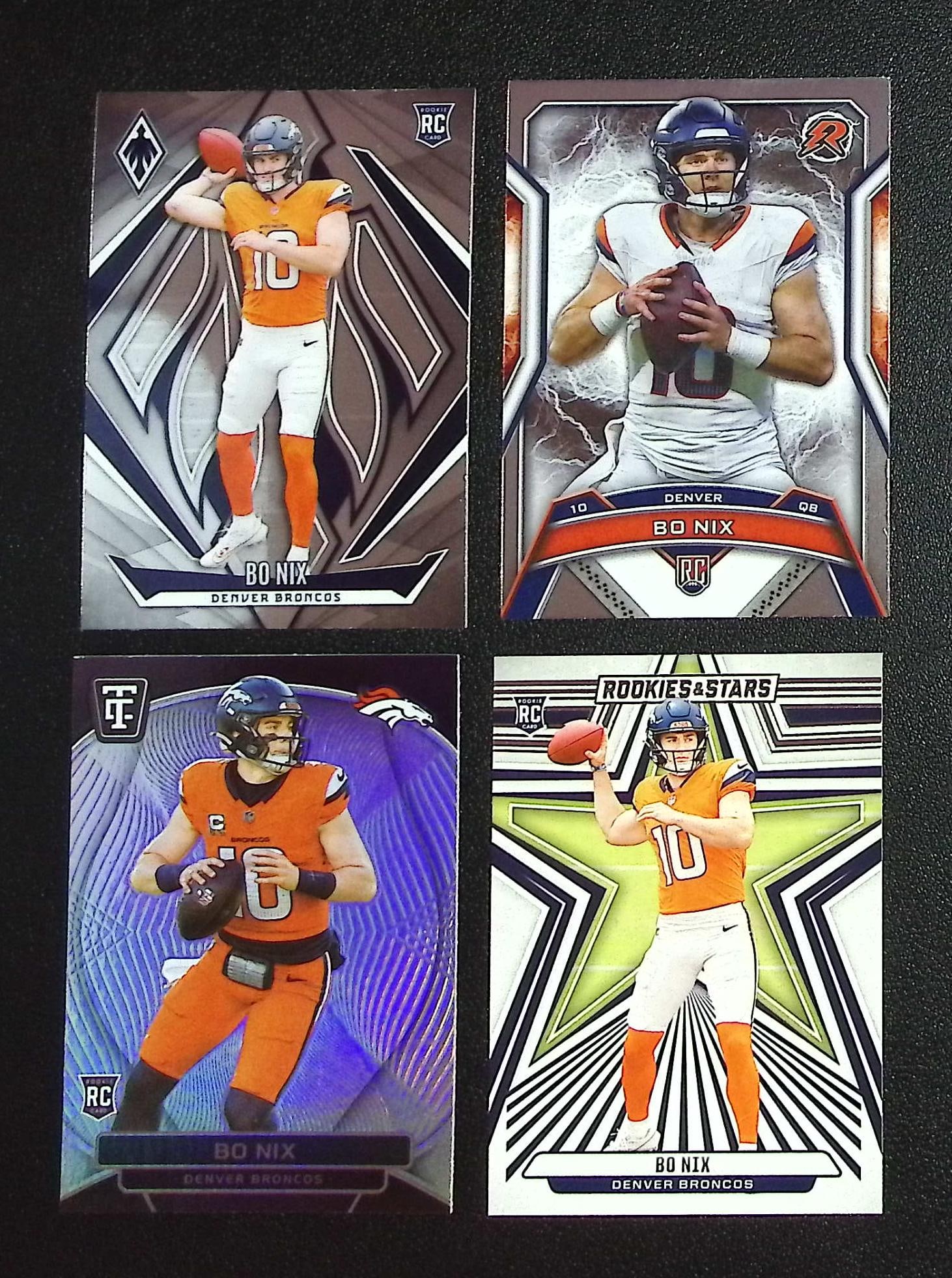 Lot of 4 Bo Nix Rookie Cards. All Different, See Pictures: Panini, Donruss Optic, & Donruss Select, Prizm, Mosaic, Contenders, Zenith, Phoenix, Illusions, Absolute, Rookie NFL Sports Trading Cards, SP, SSP, Cards, Football Cards for Sale Near Me, Superbowl & 