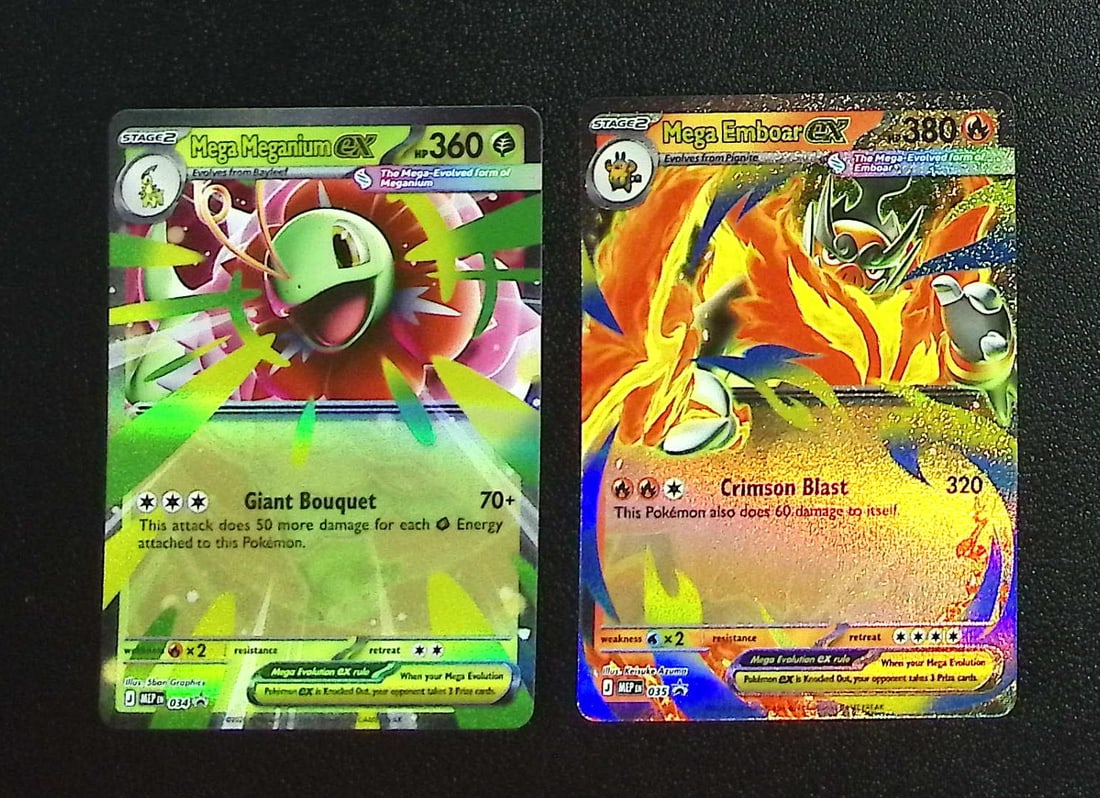 Lot of 2 Ascended Heroes Promo Cards. Mega Meganium Ex #34 & Mega Emboar Ex #35: Pokemon Trading Card Game Cards, Charizard, Pikachu, Mewtwo, Reverse Holo, Holo Rare, Secret Rare Cards, Full Art Cards, Eevee, Ultra Rare Card, Illustration Rare, Special Illustration Rare SIR