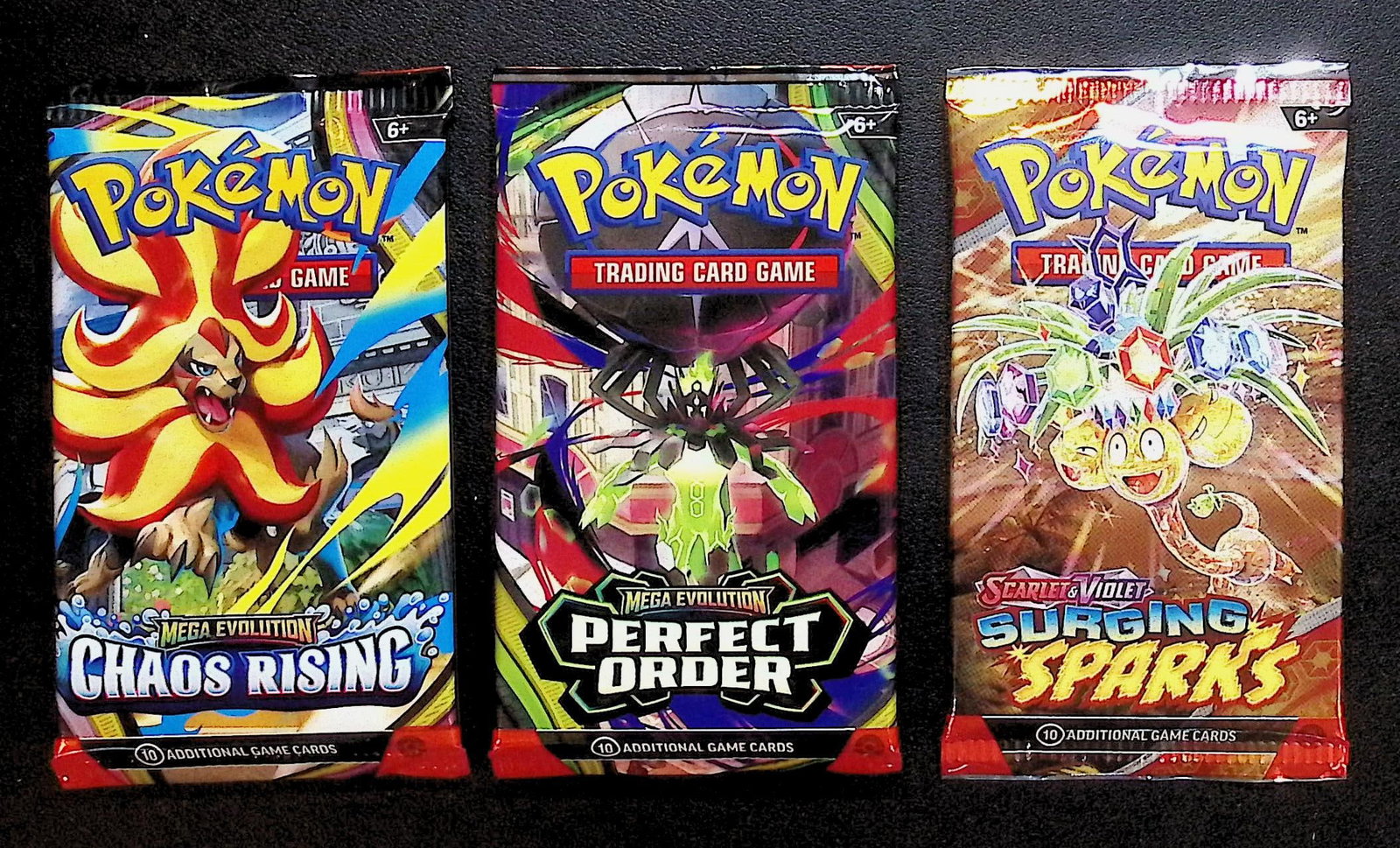3 COUNT: 1 - Pokemon Chaos Rising, 1 - Perfect Order, 1 - Surging Sparks Booster Packs (1 of 1)