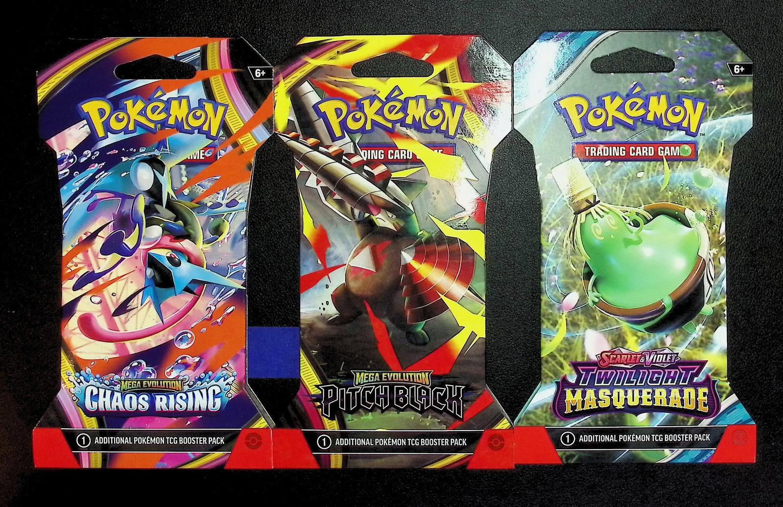 3 COUNT: 1 - Pokemon Chaos Rising, 1 - Pitch Black, 1 - Twilight Masquerade Booster Packs: Pokemon Trading Card Game Cards, Charizard, Pikachu, Mewto, EX, Referse Holo, Holo Rare Cards, Secret Rare Cards, Full Art Cards, Evee, 3 Stars Ultra Rare Cards, Double Rare, Illustration Rare, Specia