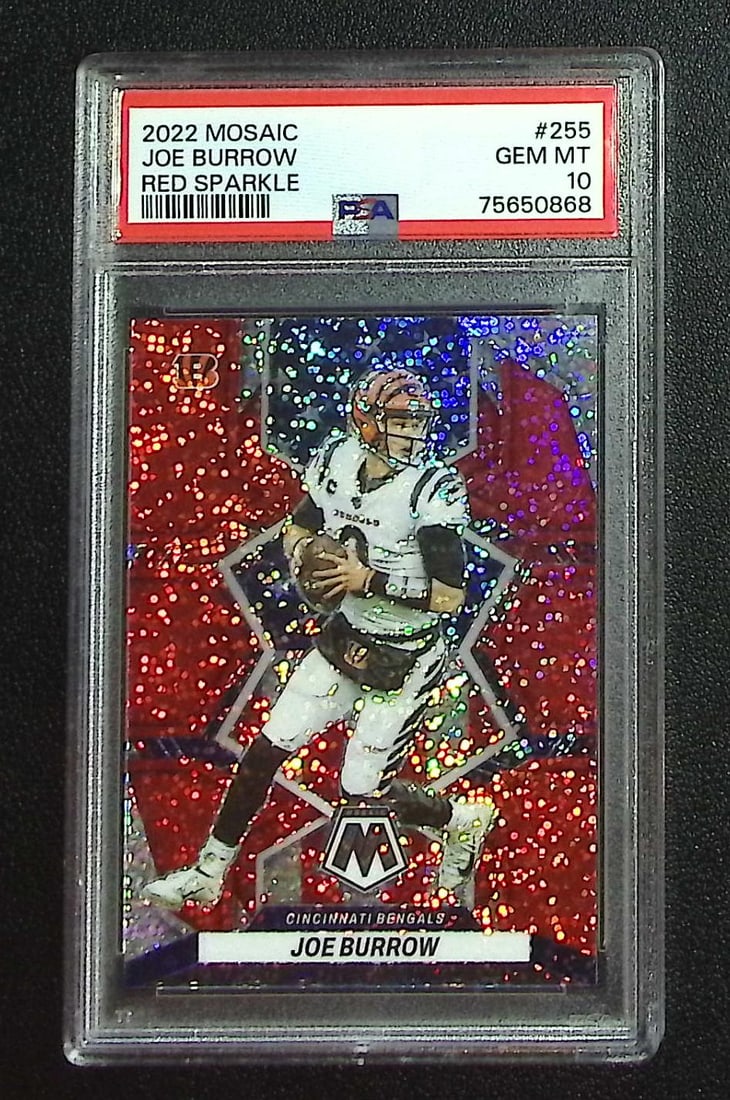 Joe Burrow Red Sparkle Prizm 2022 Mosaic #255 PSA 10 Pop 41, Cincinnati Bengals: Panini, Donruss Optic, & Donruss Select, Prizm, Mosaic, Contenders, Zenith, Phoenix, Illusions, Absolute, Rookie NFL Sports Trading Cards, SP, SSP, Cards, Football Cards for Sale Near Me, Superbowl & 