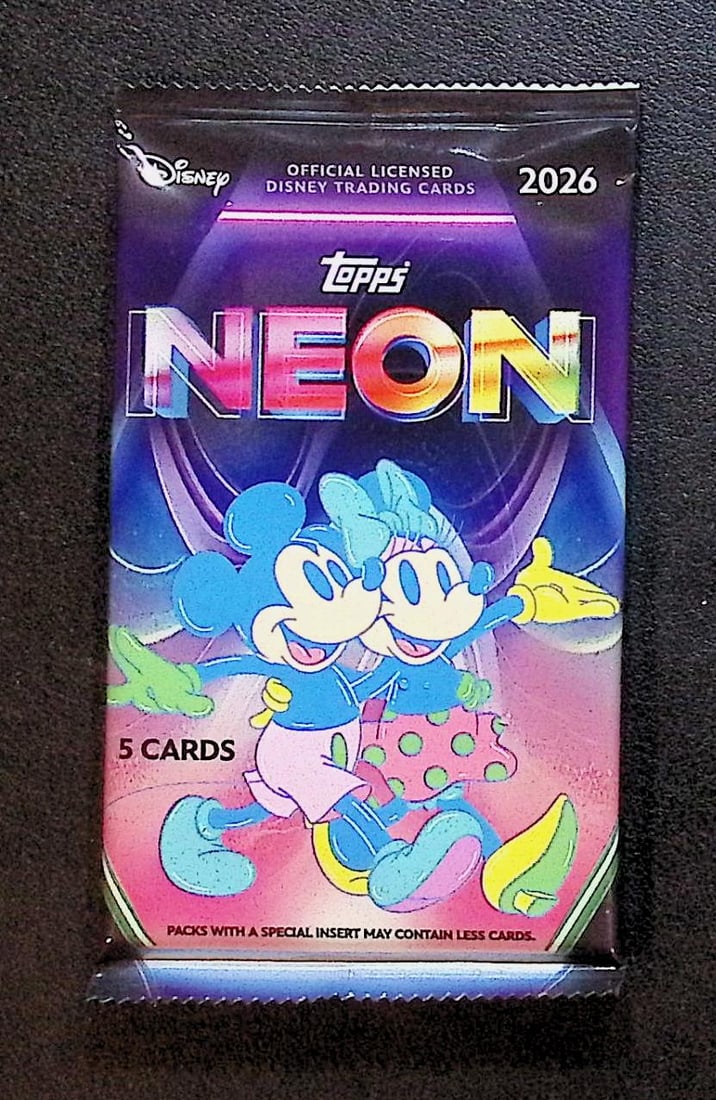 2026 Topps Disney Neon BLASTER BOX PACK: Disney Topps Trading Cards of Movies & Television Shows, Refractors, Ray Waves, Numbered Rare Cards. Darth Vader, Luke Skywalker, Princess Leia, Mandalorian, Yoda, Grogu, Han Solo, Rebellion, Imperial
