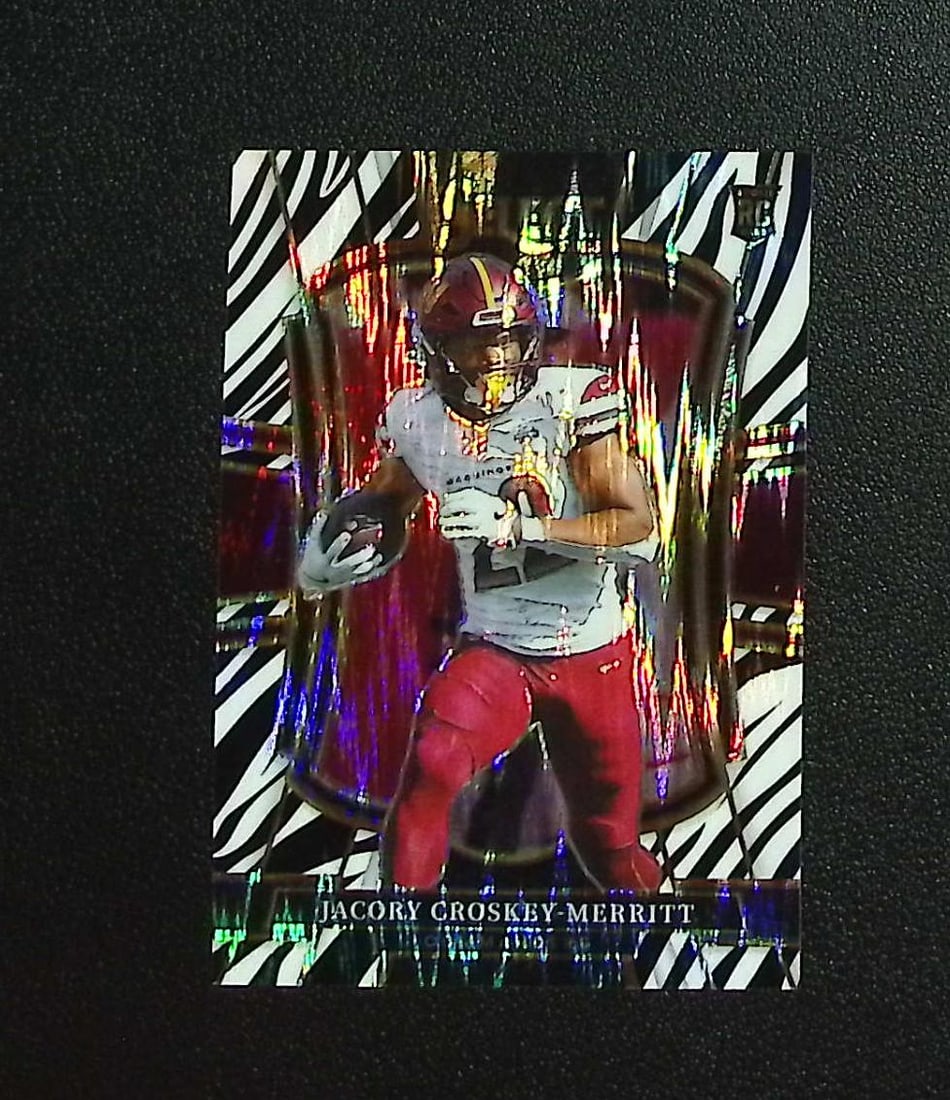 Jacory Croskey-Merritt Rookie Zebra Shock Prizm SSP Case Hit 2025 Select #188: Panini, Donruss Optic, & Donruss Select, Prizm, Mosaic, Contenders, Zenith, Phoenix, Illusions, Absolute, Rookie NFL Sports Trading Cards, SP, SSP, Cards, Football Cards for Sale Near Me, Superbowl & 