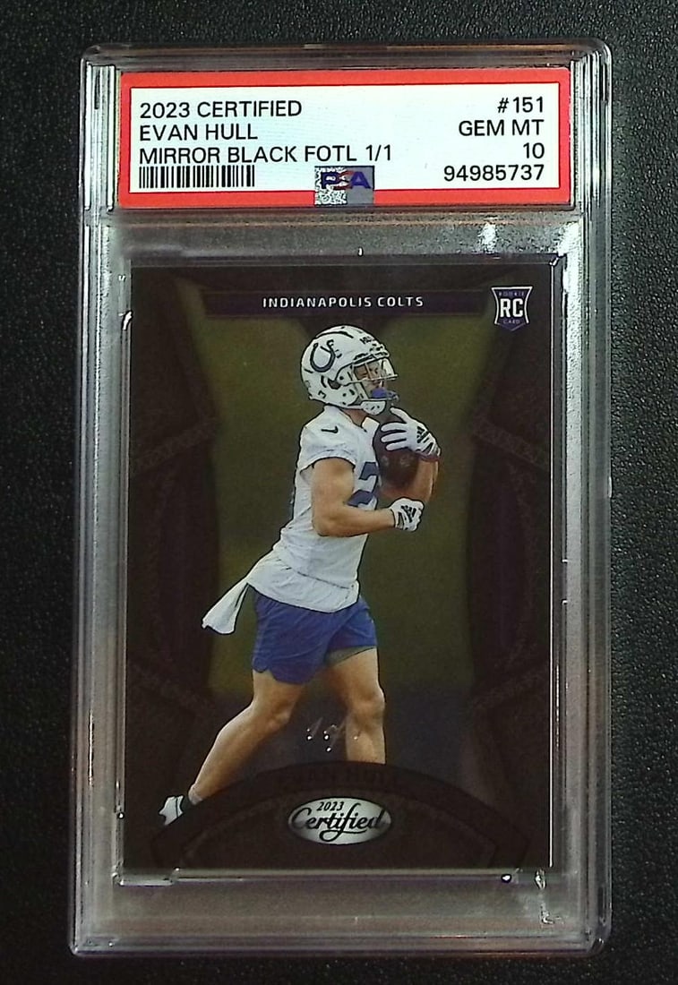 Evan Hull Rookie Black Mirror 1/1 2023 Panini Certified #151 PSA 10: Panini, Donruss Optic, & Donruss Select, Prizm, Mosaic, Contenders, Zenith, Phoenix, Illusions, Absolute, Rookie NFL Sports Trading Cards, SP, SSP, Cards, Football Cards for Sale Near Me, Superbowl & 