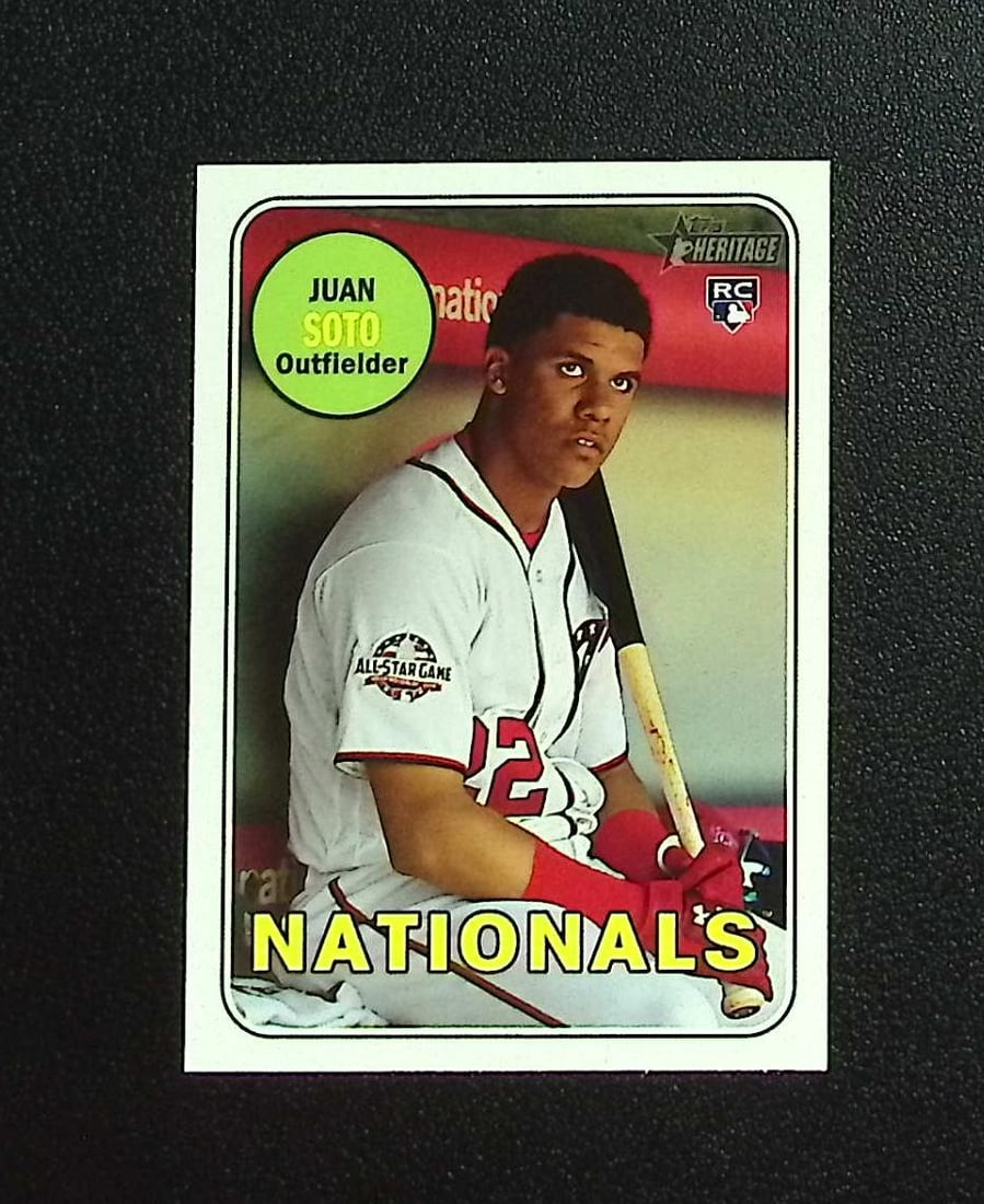 Juan Soto Rookie Card 2018 Topps Heritage #502 Nationals, Mets: Topps, Bowman, & Fanatics Baseball MLB Trading & Sports Cards, Sports Cards for Sale Near Me, World Series & Hall of Fame Players Memorabilia, Refractors, X-Fractors, Numbered, SP, SSP, Valuable