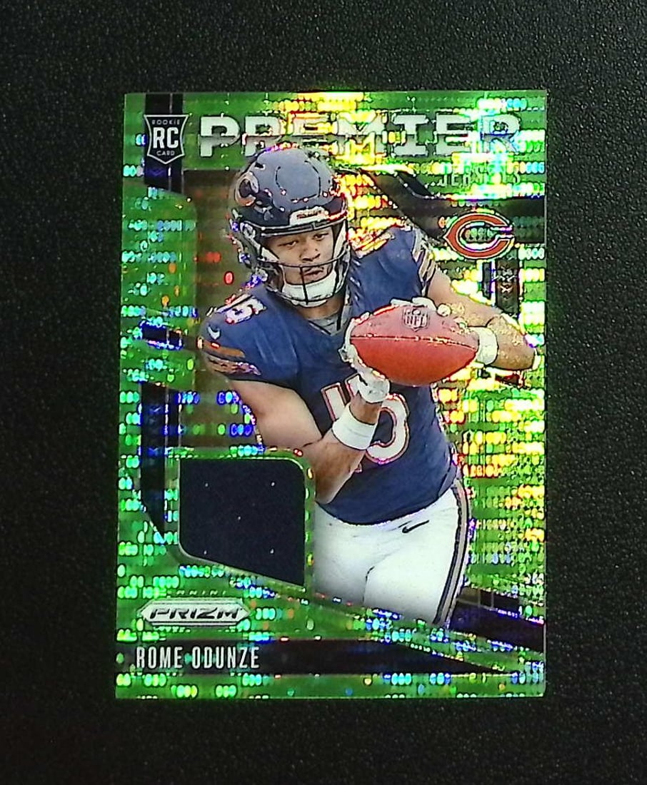 Rome Odunze Rookie Patch Neon Green Pulsar 2024 Prizm #PJ-ROE Chicago Bears: Panini, Donruss Optic, & Donruss Select, Prizm, Mosaic, Contenders, Zenith, Phoenix, Illusions, Absolute, Rookie NFL Sports Trading Cards, SP, SSP, Cards, Football Cards for Sale Near Me, Superbowl & 