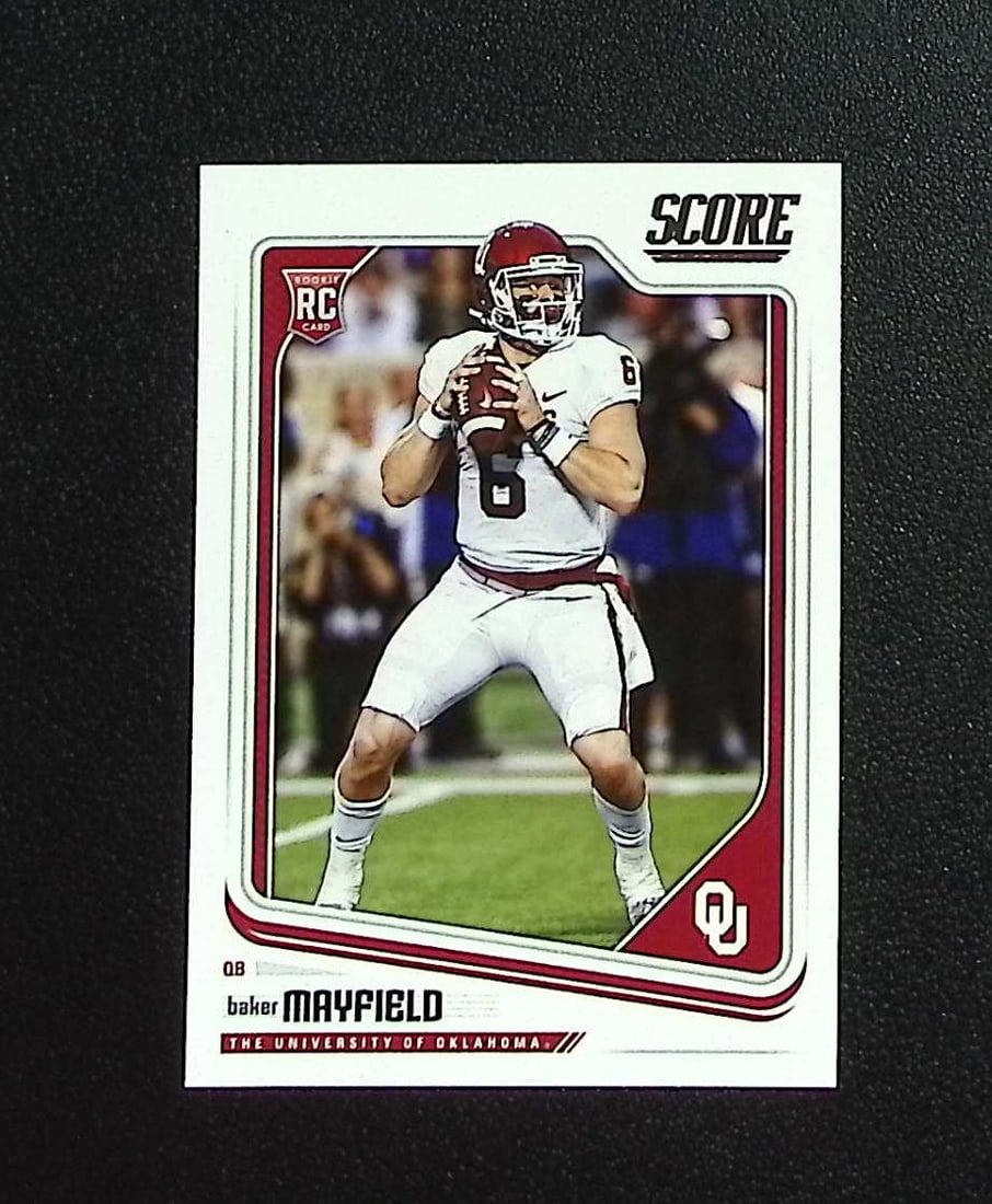 Baker Mayfield Rookie Card 2018 Panini Score #351 Oklahoma Sooners: Panini, Donruss Optic, & Donruss Select, Prizm, Mosaic, Contenders, Zenith, Phoenix, Illusions, Absolute, Rookie NFL Sports Trading Cards, SP, SSP, Cards, Football Cards for Sale Near Me, Superbowl & 