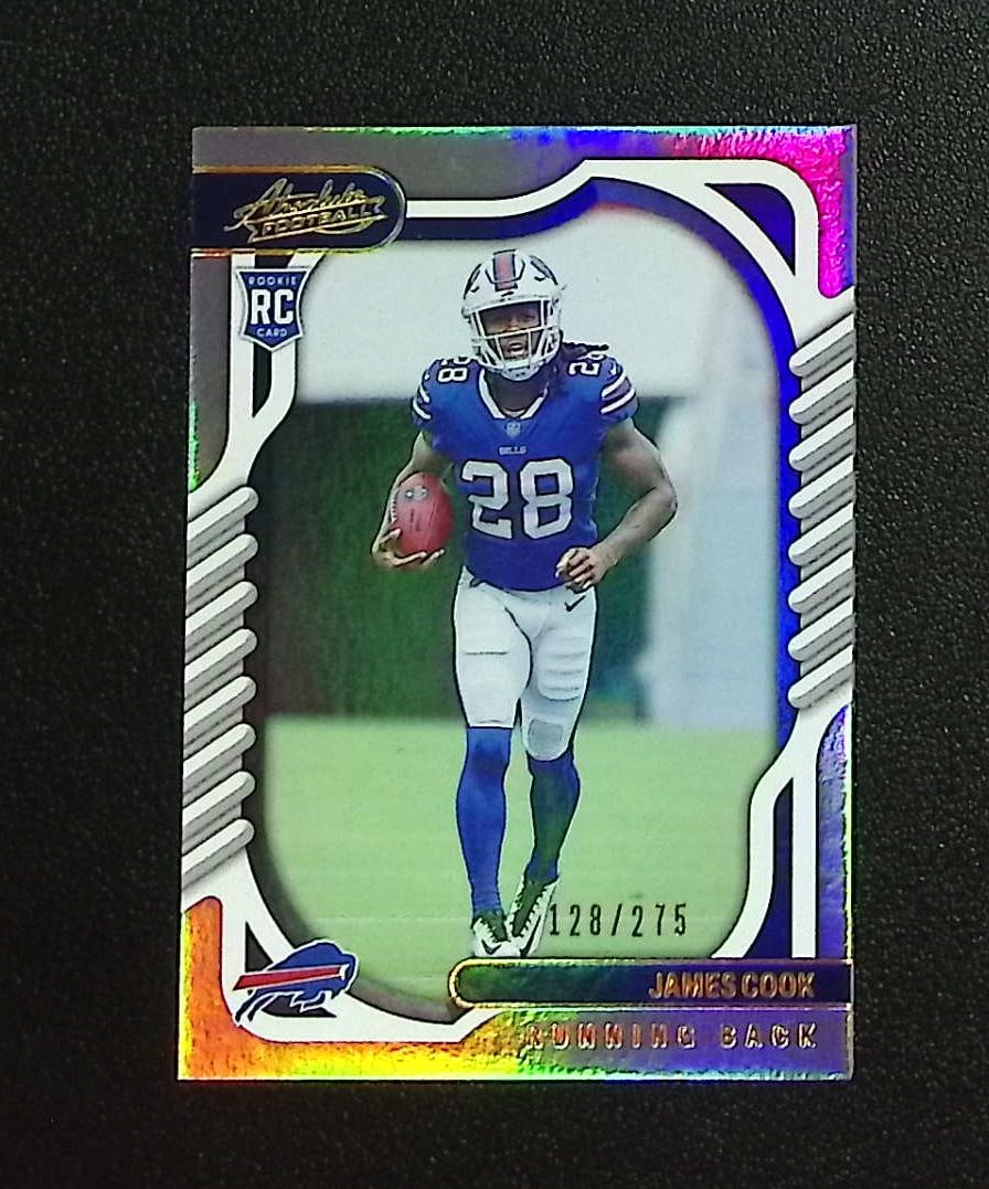 James Cook Rookie Card Spectrum /275 2022 Absolute #115 Buffalo Bills: Panini, Donruss Optic, & Donruss Select, Prizm, Mosaic, Contenders, Zenith, Phoenix, Illusions, Absolute, Rookie NFL Sports Trading Cards, SP, SSP, Cards, Football Cards for Sale Near Me, Superbowl & 