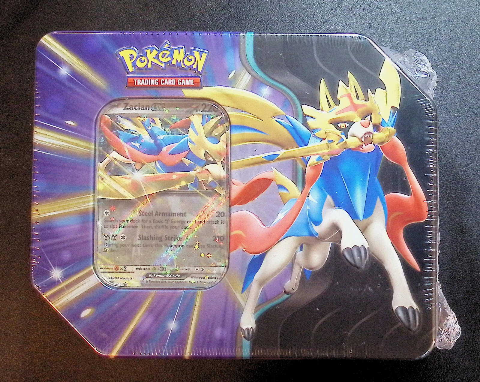 Pokemon Slashing Legends Tin (Zacian EX) Contains 5 Booster Packs: Pokemon Trading Card Game Cards, Charizard, Pikachu, Mewto, EX, Referse Holo, Holo Rare Cards, Secret Rare Cards, Full Art Cards, Evee, 3 Stars Ultra Rare Cards, Double Rare, Illustration Rare, Specia