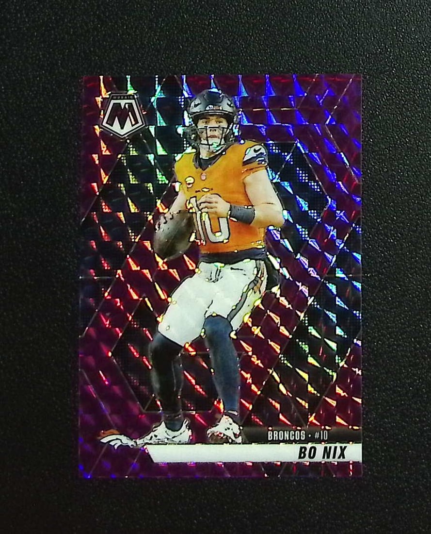 Bo Nix Purple Mosaic Prizm /49 2025 Mosaic #173 Denver Broncos: Panini, Donruss Optic, & Donruss Select, Prizm, Mosaic, Contenders, Zenith, Phoenix, Illusions, Absolute, Rookie NFL Sports Trading Cards, SP, SSP, Cards, Football Cards for Sale Near Me, Superbowl & 