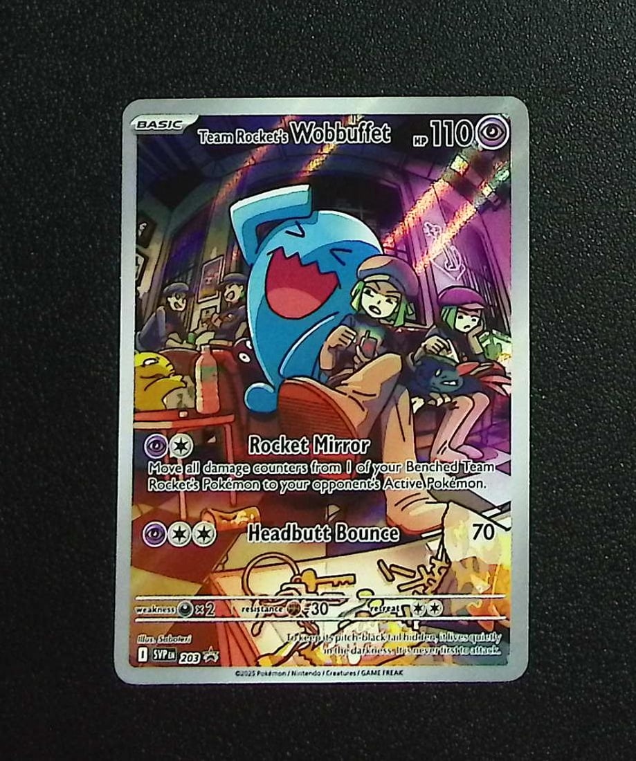 Pokemon Destined Rivals ETB Promo Team Rocket's Wobbuffet #203: Pokemon Trading Card Game Cards, Charizard, Pikachu, Mewtwo, Reverse Holo, Holo Rare, Secret Rare Cards, Full Art Cards, Eevee, Ultra Rare Card, Illustration Rare, Special Illustration Rare SIR