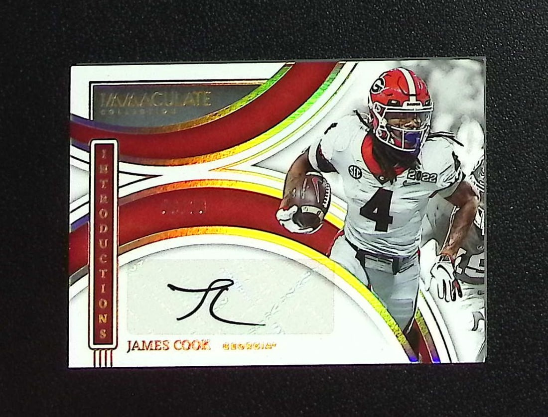 James Cook Rookie Auto Gold /10 2022 Immaculate Collection Collegiate #II-JCO: Panini, Donruss Optic, & Donruss Select, Prizm, Mosaic, Contenders, Zenith, Phoenix, Illusions, Absolute, Rookie NFL Sports Trading Cards, SP, SSP, Cards, Football Cards for Sale Near Me, Superbowl & 