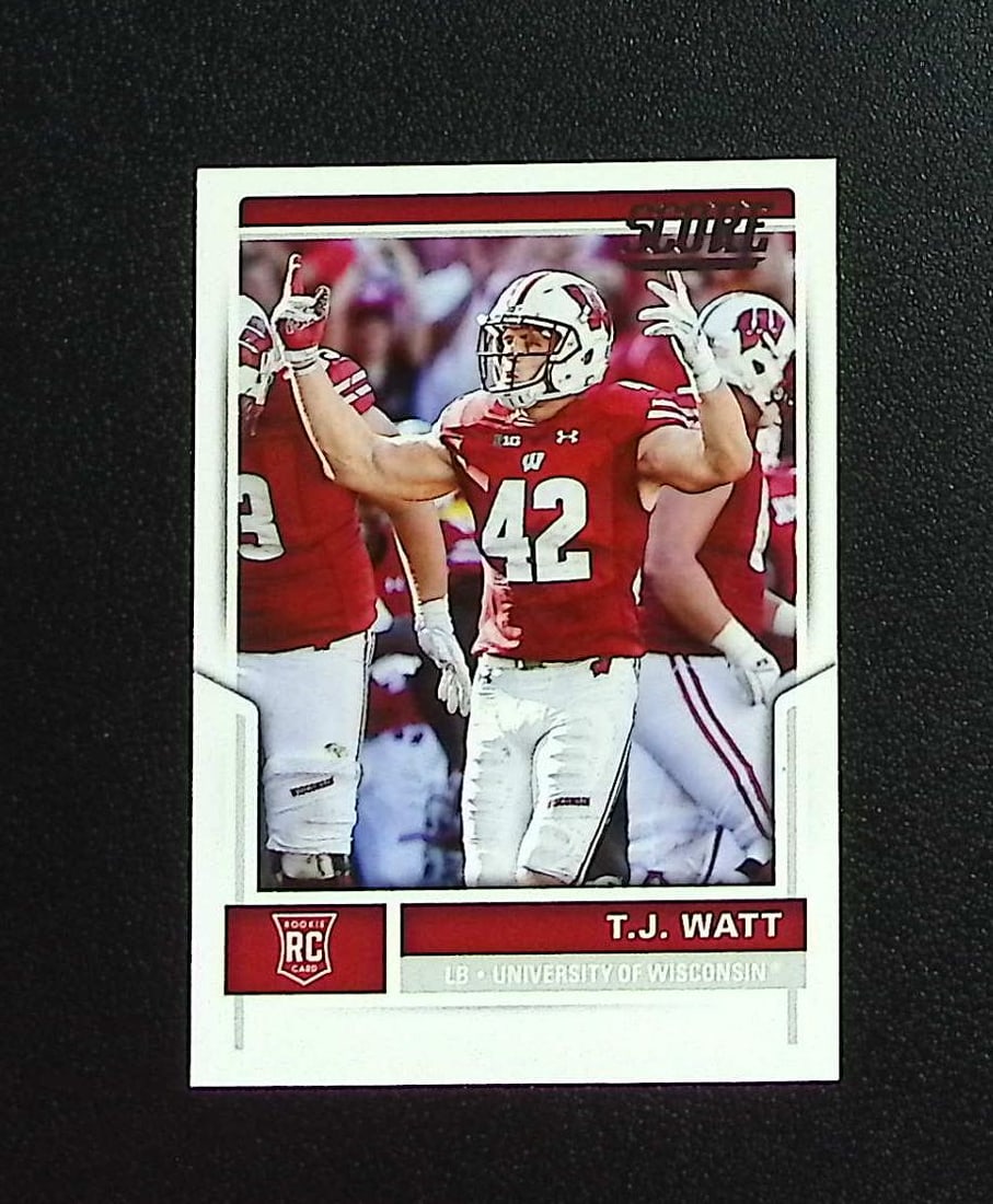 Tj Watt Rookie Card 2017 Panini Score #336 Wisconsin Badgers, Pittsburgh Steelers: Panini, Donruss Optic, & Donruss Select, Prizm, Mosaic, Contenders, Zenith, Phoenix, Illusions, Absolute, Rookie NFL Sports Trading Cards, SP, SSP, Cards, Football Cards for Sale Near Me, Superbowl & 