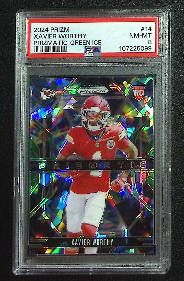 Xavier Worthy Rookie Prizmatic Green Ice 2024 Prizm #14 PSA 8 Kansas City Chiefs: Panini, Donruss Optic, & Donruss Select, Prizm, Mosaic, Contenders, Zenith, Phoenix, Illusions, Absolute, Rookie NFL Sports Trading Cards, SP, SSP, Cards, Football Cards for Sale Near Me, Superbowl & 