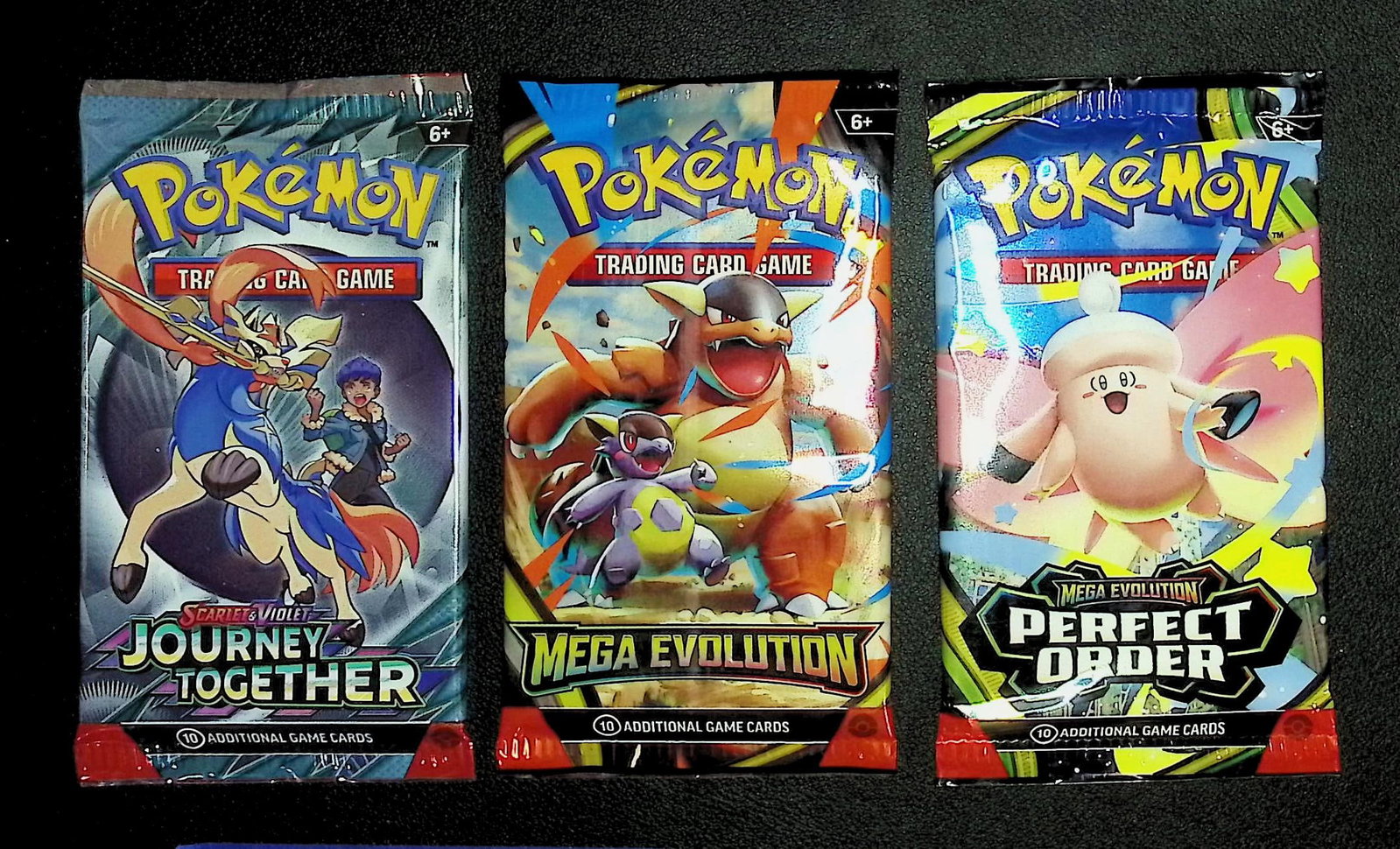 3 COUNT: 1 - Pokemon Journey Together, 1 - Mega Evolution, & 1 - Perfect Order Booster Packs: Pokemon Trading Card Game Cards, Charizard, Pikachu, Mewto, EX, Referse Holo, Holo Rare Cards, Secret Rare Cards, Full Art Cards, Evee, 3 Stars Ultra Rare Cards, Double Rare, Illustration Rare, Specia