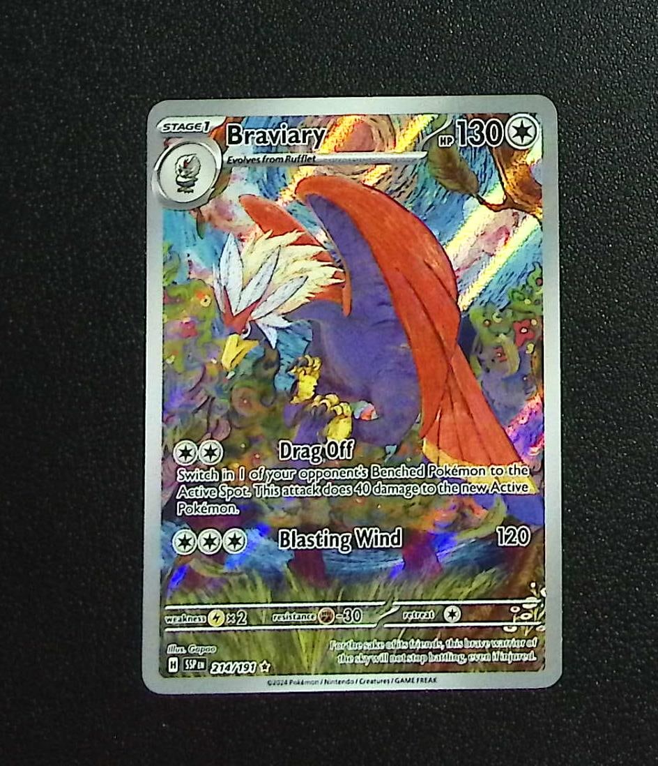Pokemon Surging Sparks Braviary Illustration Rare #214: Pokemon Trading Card Game Cards, Charizard, Pikachu, Mewtwo, Reverse Holo, Holo Rare, Secret Rare Cards, Full Art Cards, Eevee, Ultra Rare Card, Illustration Rare, Special Illustration Rare SIR