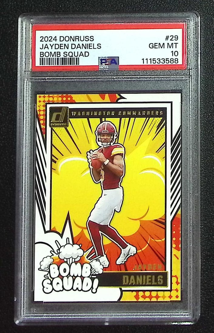 Jayden Daniels Rookie Card Bomb Squad 2024 Donruss #29 PSA 10 Commanders: Panini, Donruss Optic, & Donruss Select, Prizm, Mosaic, Contenders, Zenith, Phoenix, Illusions, Absolute, Rookie NFL Sports Trading Cards, SP, SSP, Cards, Football Cards for Sale Near Me, Superbowl & 