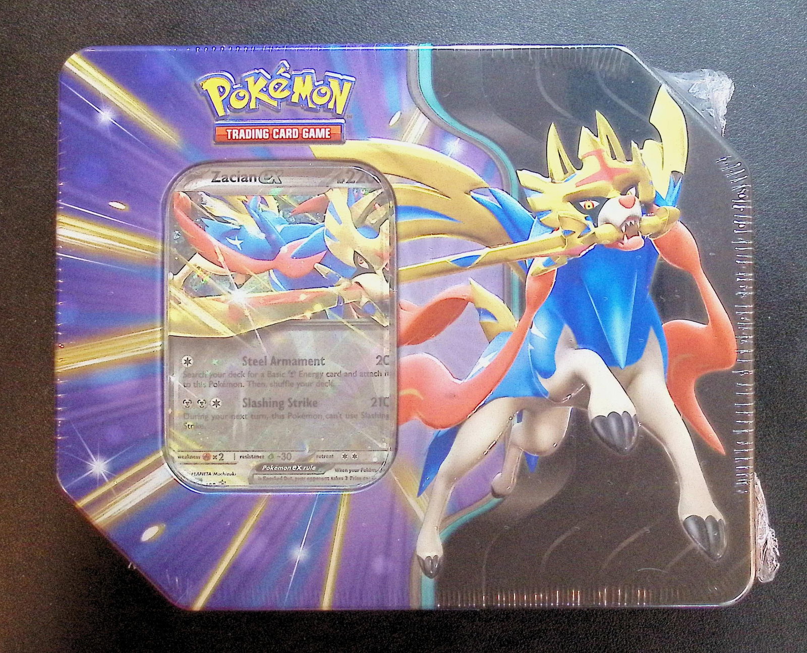 Pokemon Slashing Legends Tin (Zacian EX) Contains 5 Booster Packs: Pokemon Trading Card Game Cards, Charizard, Pikachu, Mewto, EX, Referse Holo, Holo Rare Cards, Secret Rare Cards, Full Art Cards, Evee, 3 Stars Ultra Rare Cards, Double Rare, Illustration Rare, Specia