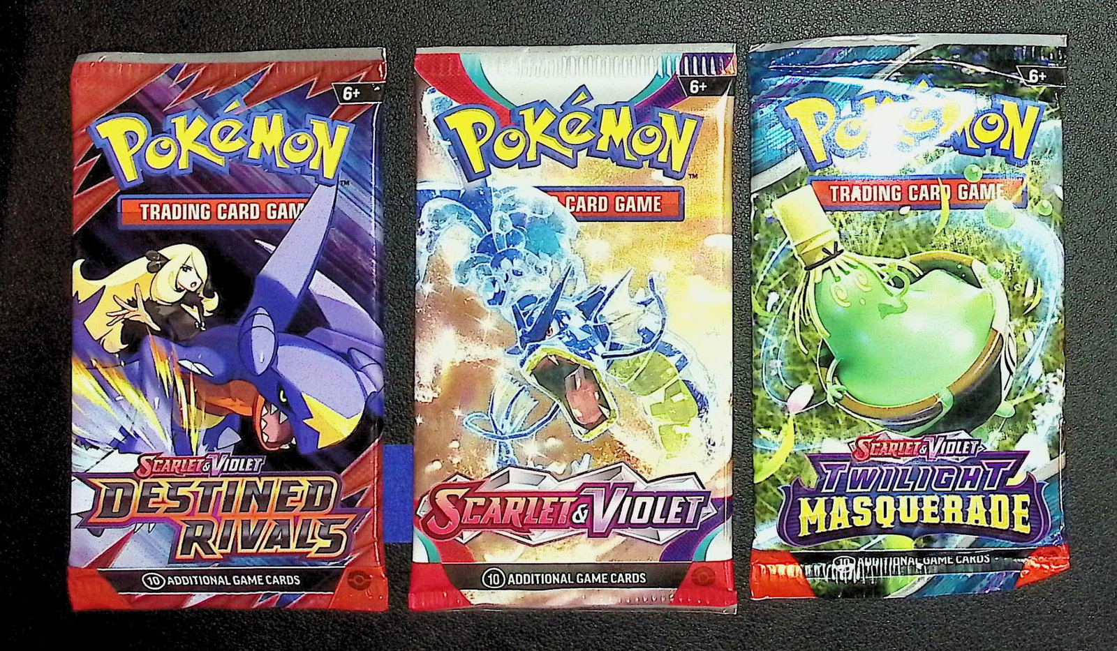 3 COUNT: 1 - Pokemon Destined Rivals, 1 - Scarlet & Violet, & 1 - Twilight Masquerade Booster Packs: Pokemon Trading Card Game Cards, Charizard, Pikachu, Mewto, EX, Referse Holo, Holo Rare Cards, Secret Rare Cards, Full Art Cards, Evee, 3 Stars Ultra Rare Cards, Double Rare, Illustration Rare, Specia