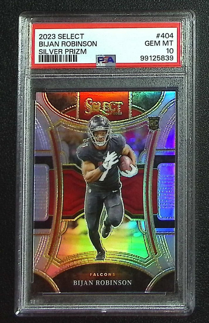 Bijan Robinson Rookie Suite Level Silver Prizm 2023 Select #404 PSA 10 Pop 12, Falcons: Panini, Donruss Optic, & Donruss Select, Prizm, Mosaic, Contenders, Zenith, Phoenix, Illusions, Absolute, Rookie NFL Sports Trading Cards, SP, SSP, Cards, Football Cards for Sale Near Me, Superbowl & 