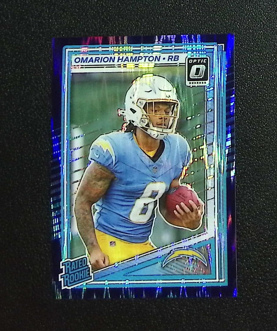 Omarion Hampton Rookie Purple Shock Prizm 2025 Donruss Optic #212 LA Chargers: Panini, Donruss Optic, & Donruss Select, Prizm, Mosaic, Contenders, Zenith, Phoenix, Illusions, Absolute, Rookie NFL Sports Trading Cards, SP, SSP, Cards, Football Cards for Sale Near Me, Superbowl & 
