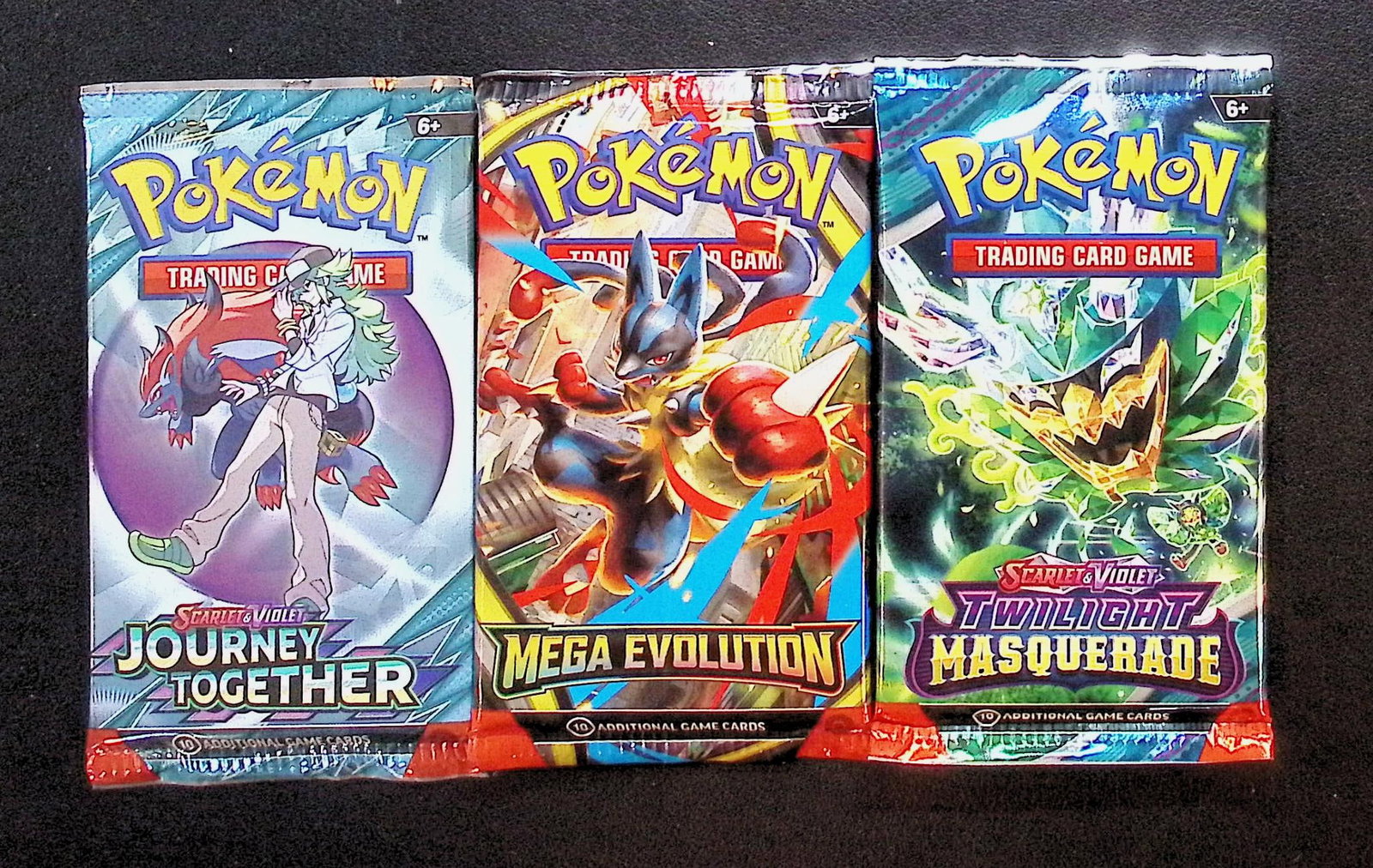 3 COUNT: 1 - Pokemon Journey Together, 1 - Mega Evolution & 1 - Twilight Masquerade Booster Packs: Pokemon Trading Card Game Cards, Charizard, Pikachu, Mewto, EX, Referse Holo, Holo Rare Cards, Secret Rare Cards, Full Art Cards, Evee, 3 Stars Ultra Rare Cards, Double Rare, Illustration Rare, Specia