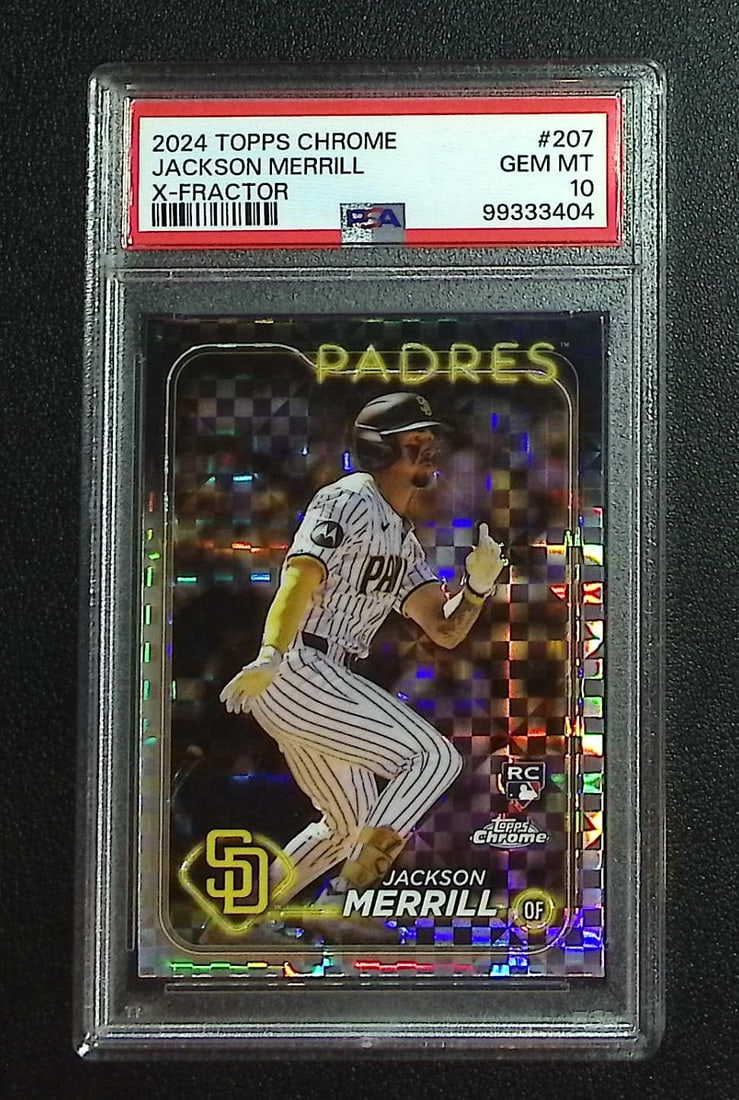 Jackson Merrill Rookie Xfractor 2024 Topps Chrome #207 PSA 10 San Diego Padres: Topps, Bowman, & Fanatics Baseball MLB Trading & Sports Cards, Sports Cards for Sale Near Me, World Series & Hall of Fame Players Memorabilia, Refractors, X-Fractors, Numbered, SP, SSP, Valuable Aucti
