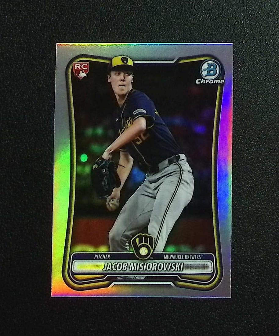 Jacob Misiorowski Red Rookie Logo 2026 Bowman Chrome #35 Milwaukee Brewers: Topps, Bowman, & Fanatics Baseball MLB Trading & Sports Cards, Sports Cards for Sale Near Me, World Series & Hall of Fame Players Memorabilia, Refractors, X-Fractors, Numbered, SP, SSP, Valuable Aucti