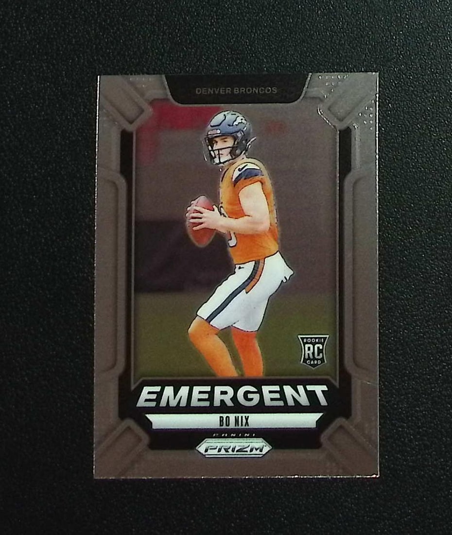 Bo Nix Rookie Card Emergent 2024 Panini Prizm #3 Denver Broncos: Panini, Donruss Optic, & Donruss Select, Prizm, Mosaic, Contenders, Zenith, Phoenix, Illusions, Absolute, Rookie NFL Sports Trading Cards, SP, SSP, Cards, Football Cards for Sale Near Me, Superbowl & 