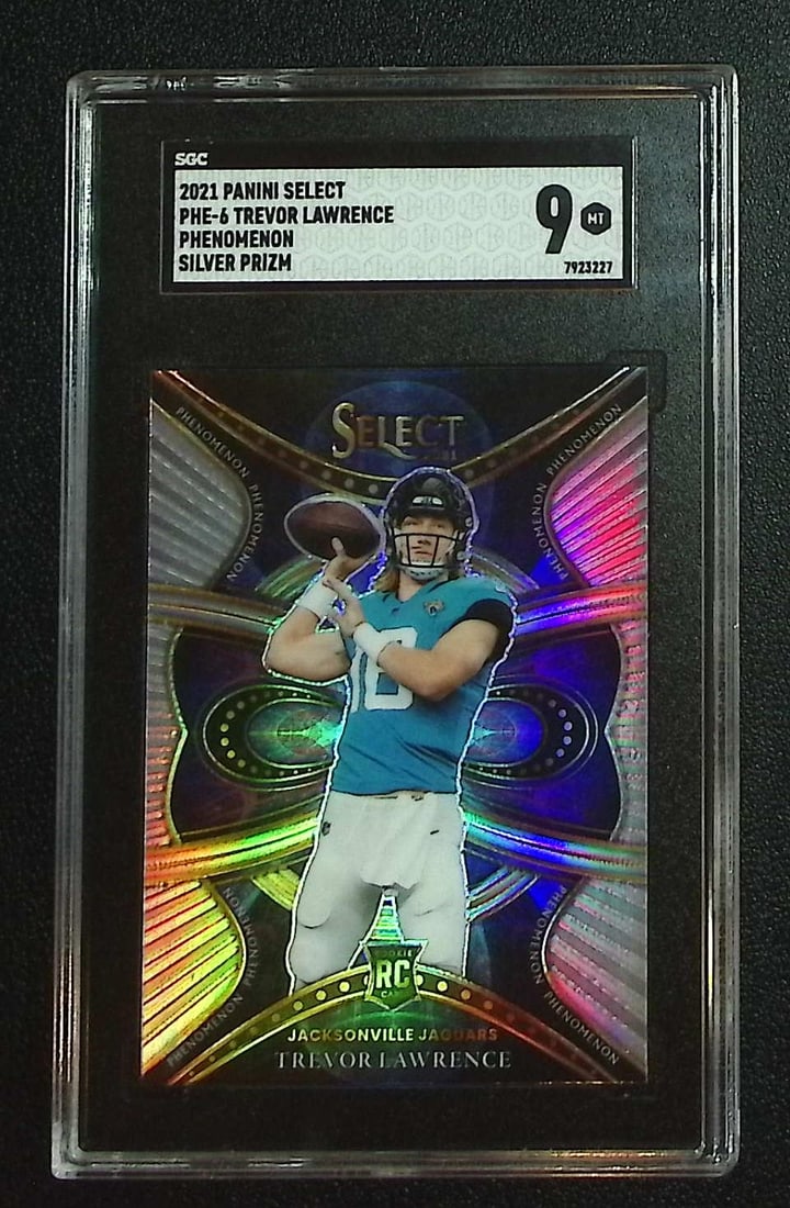 Trevor Lawrence Rookie Phenomenon Silver Prizm 2021 Select #PHE-6 SGC 9 Jaguars: Panini, Donruss Optic, & Donruss Select, Prizm, Mosaic, Contenders, Zenith, Phoenix, Illusions, Absolute, Rookie NFL Sports Trading Cards, SP, SSP, Cards, Football Cards for Sale Near Me, Superbowl & 