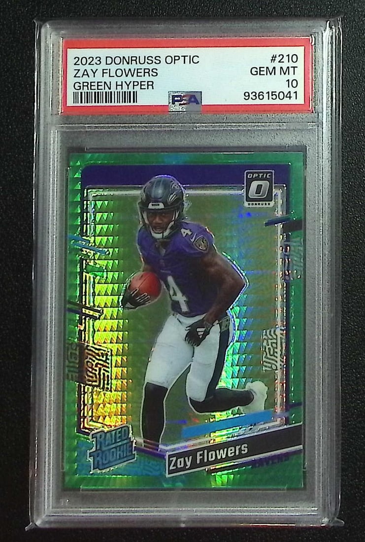 Zay Flowers Rookie Green Hyper Prizm 2023 Donruss Optic #210 PSA 10 Ravens: Panini, Donruss Optic, & Donruss Select, Prizm, Mosaic, Contenders, Zenith, Phoenix, Illusions, Absolute, Rookie NFL Sports Trading Cards, SP, SSP, Cards, Football Cards for Sale Near Me, Superbowl & 