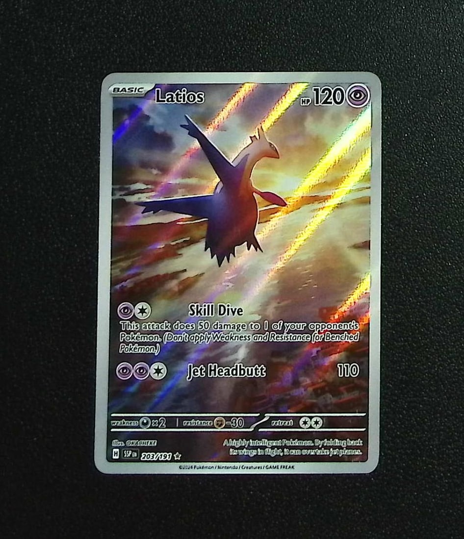 Pokemon Surging Sparks Latios Illustration Rare #203: Pokemon Trading Card Game Cards, Charizard, Pikachu, Mewtwo, Reverse Holo, Holo Rare, Secret Rare Cards, Full Art Cards, Eevee, Ultra Rare Card, Illustration Rare, Special Illustration Rare SIR