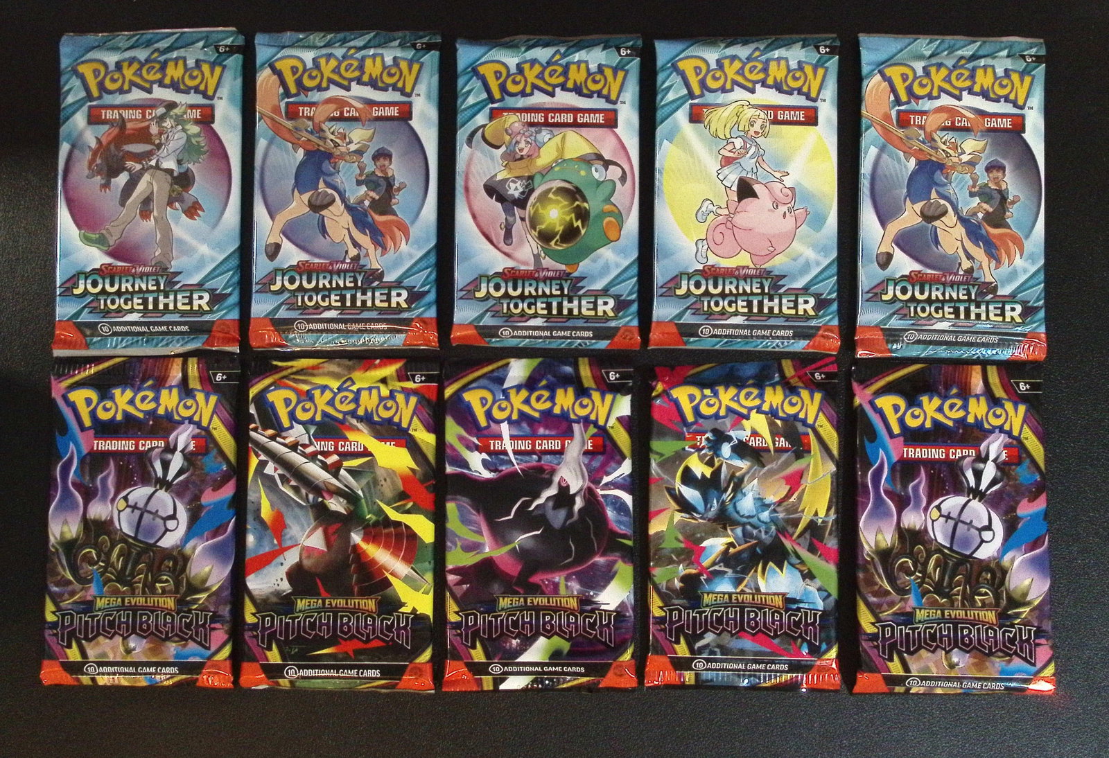 Lot of 10 Pokemon Booster Packs. 5 Journey Together & 5 Pitch Black: Pokemon Trading Card Game Cards, Charizard, Pikachu, Mewtwo, Reverse Holo, Holo Rare, Secret Rare Cards, Full Art Cards, Eevee, Ultra Rare Card, Illustration Rare, Special Illustration Rare SIR