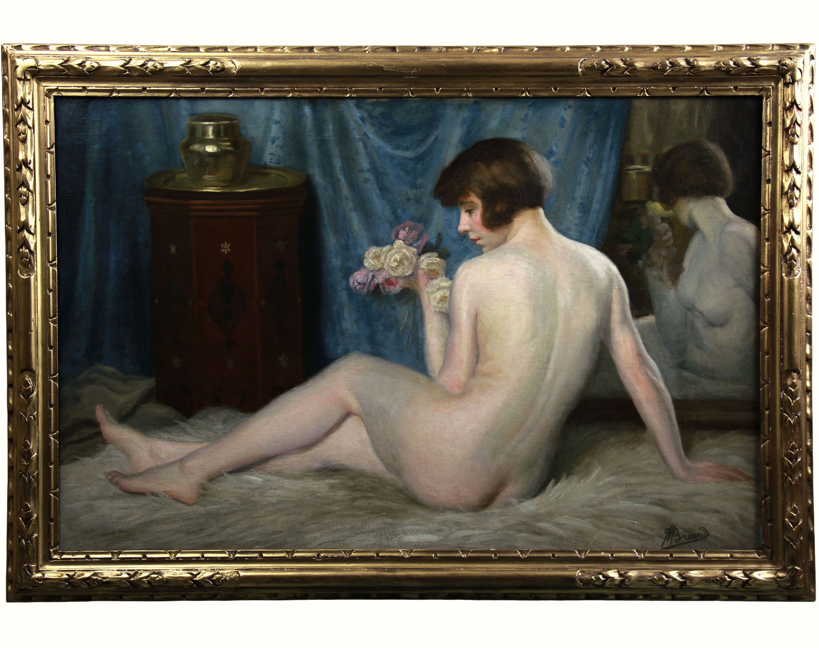 A nude,Orientalist oil painting by Maurice Briard: Title: reclining nude with roses Medium: oil on canvas Signature: Signed lower right Provenance: French private collection Dimensions canvas: 65 cm x 101 cm Dimensions framed: 78 cm x 114 cm Artist: M