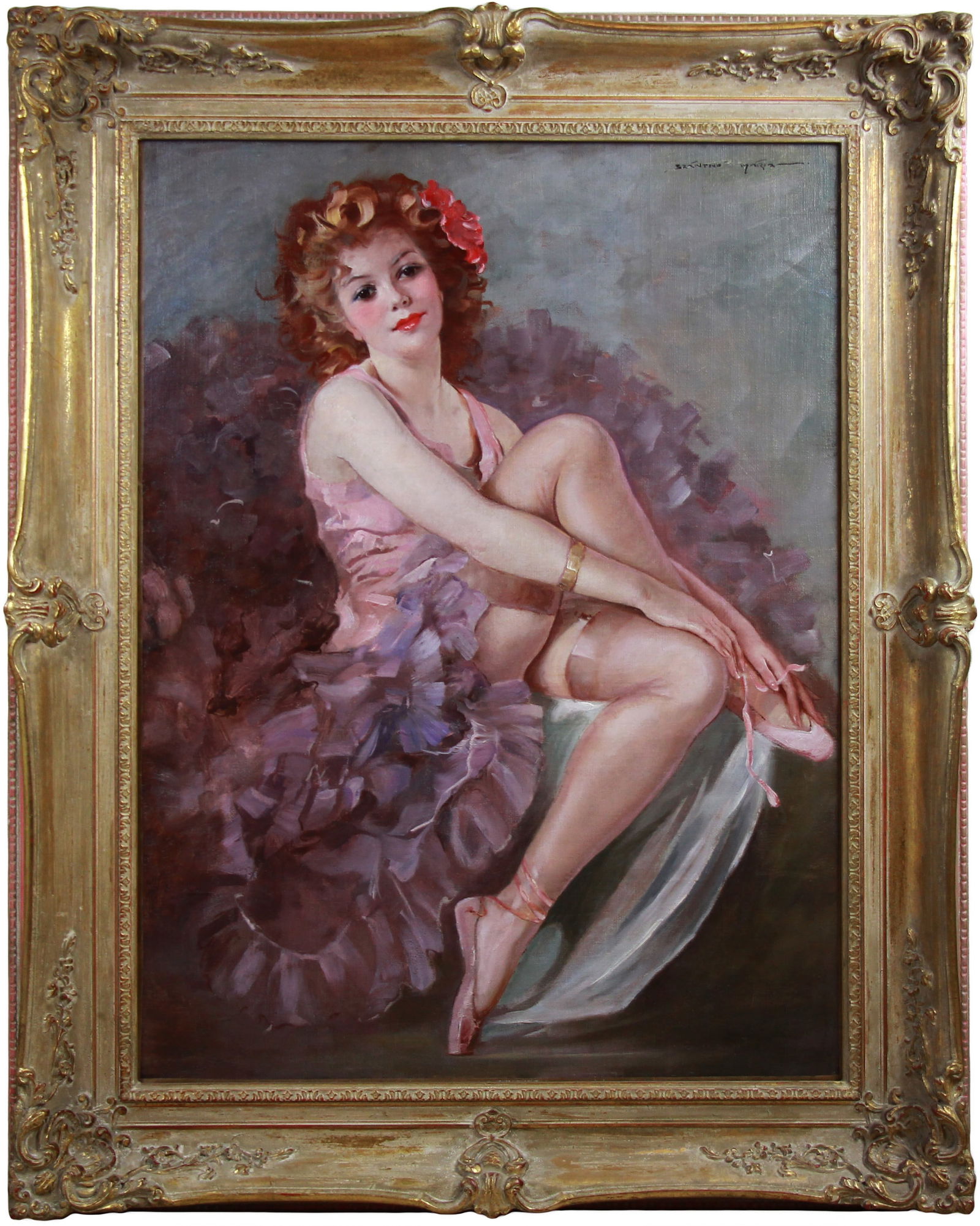 A Seated Ballerina,oil painting on canvas By Maria Szantho: Title: A Seated Ballerina Medium: original oil on canvas Signature: Signed lower right Provenance: private collection New York Dimensions canvas : 60 x 80 cm Dimensions Framed : 80 x 100 cm Artist: Ma