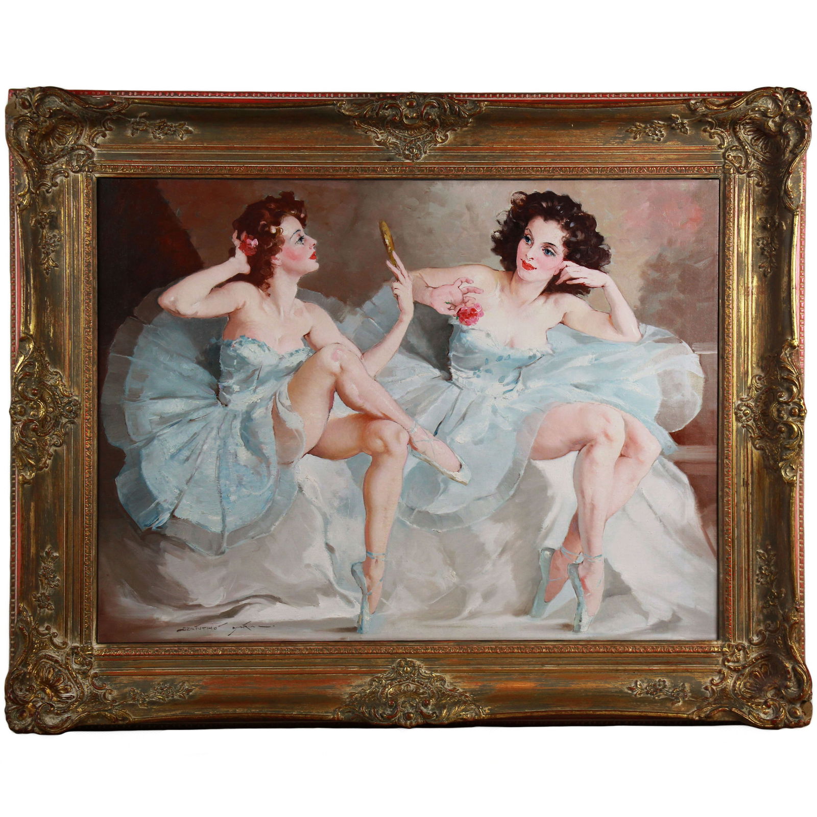 Two ballerinas,oil painting on canvas By Maria Szantho: Title: two ballerinas Medium: original oil on canvas Signature: Signed lower right Provenance: private collection Toronto Dimensions canvas : 60 x 80 cm Dimensions Framed : 80 x 100 cm Artist: Maria S