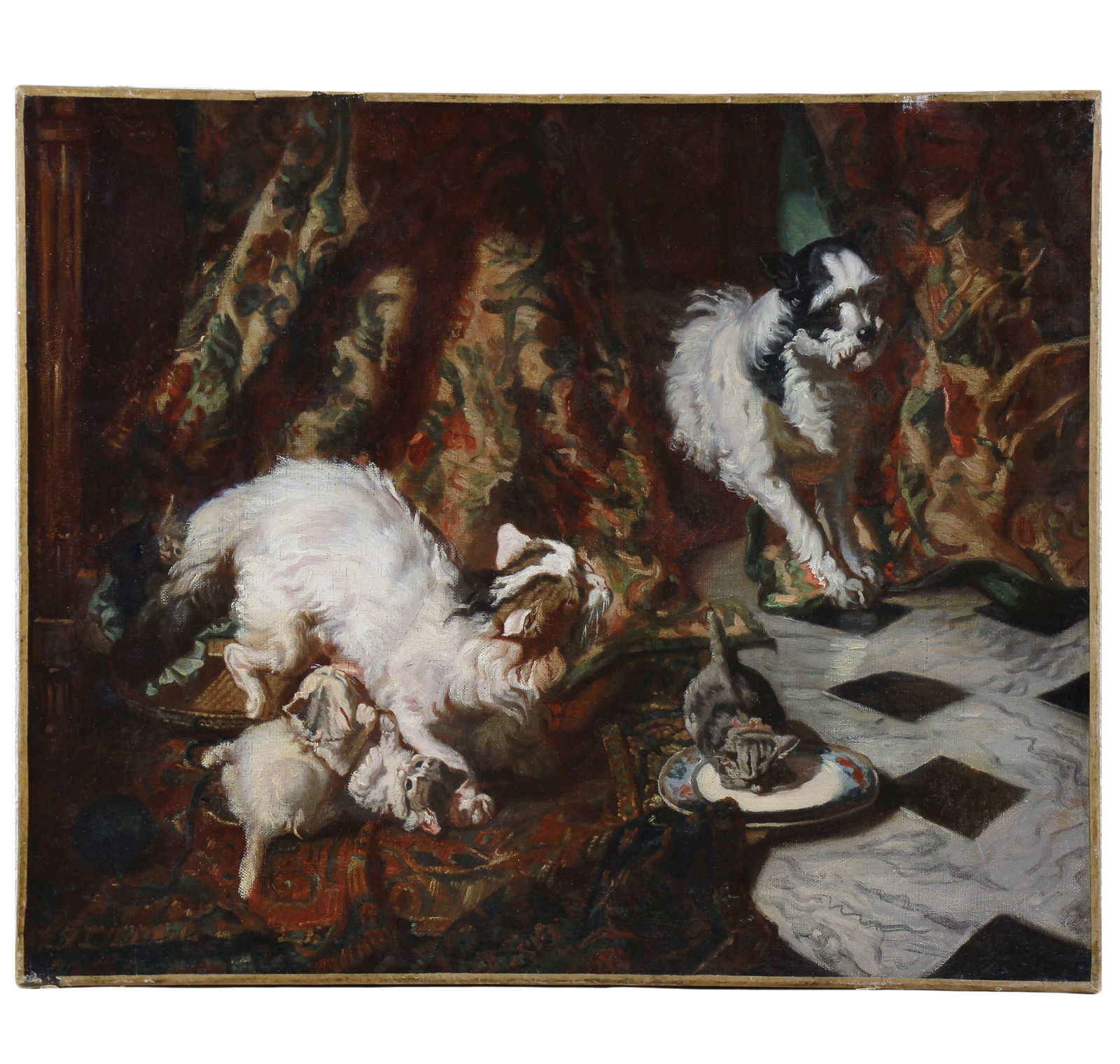 Cat and her cubs,oil painting Philippe Rousseau 19Th: Title: Cat and her cubs Materials: oil on canvas Signature: dated 1850 ,not signed Provenance: private collection France Dimensions canvas: 46 cm x 56 cm Framed dimensions:not framed School: French sc