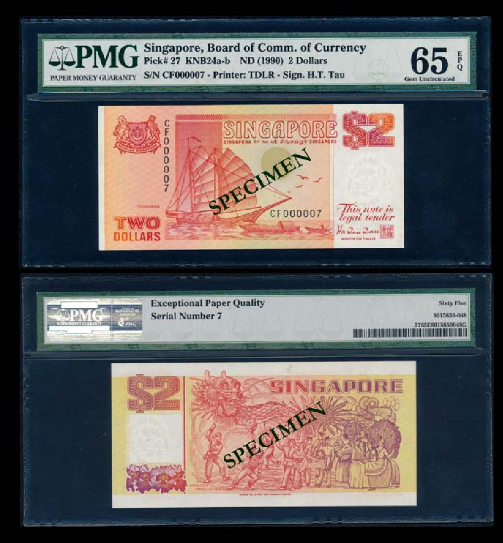 Singapore $2 1990 ship orange PMG: Singapore $2, (1990), ship, orange, serial no. CF 000007, PMG Gem UNC65EPQ.