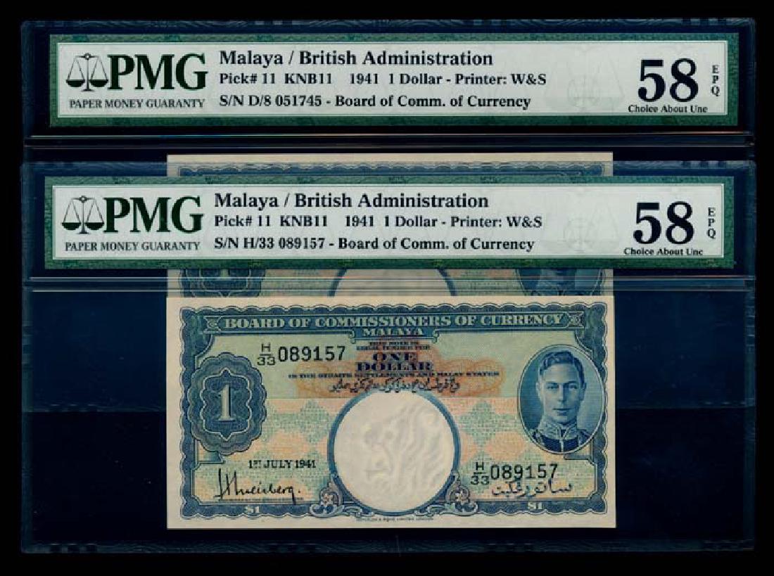 Malaya 2x$1 1941 KGVI PMG Choice AU58EPQ (1 of 1)