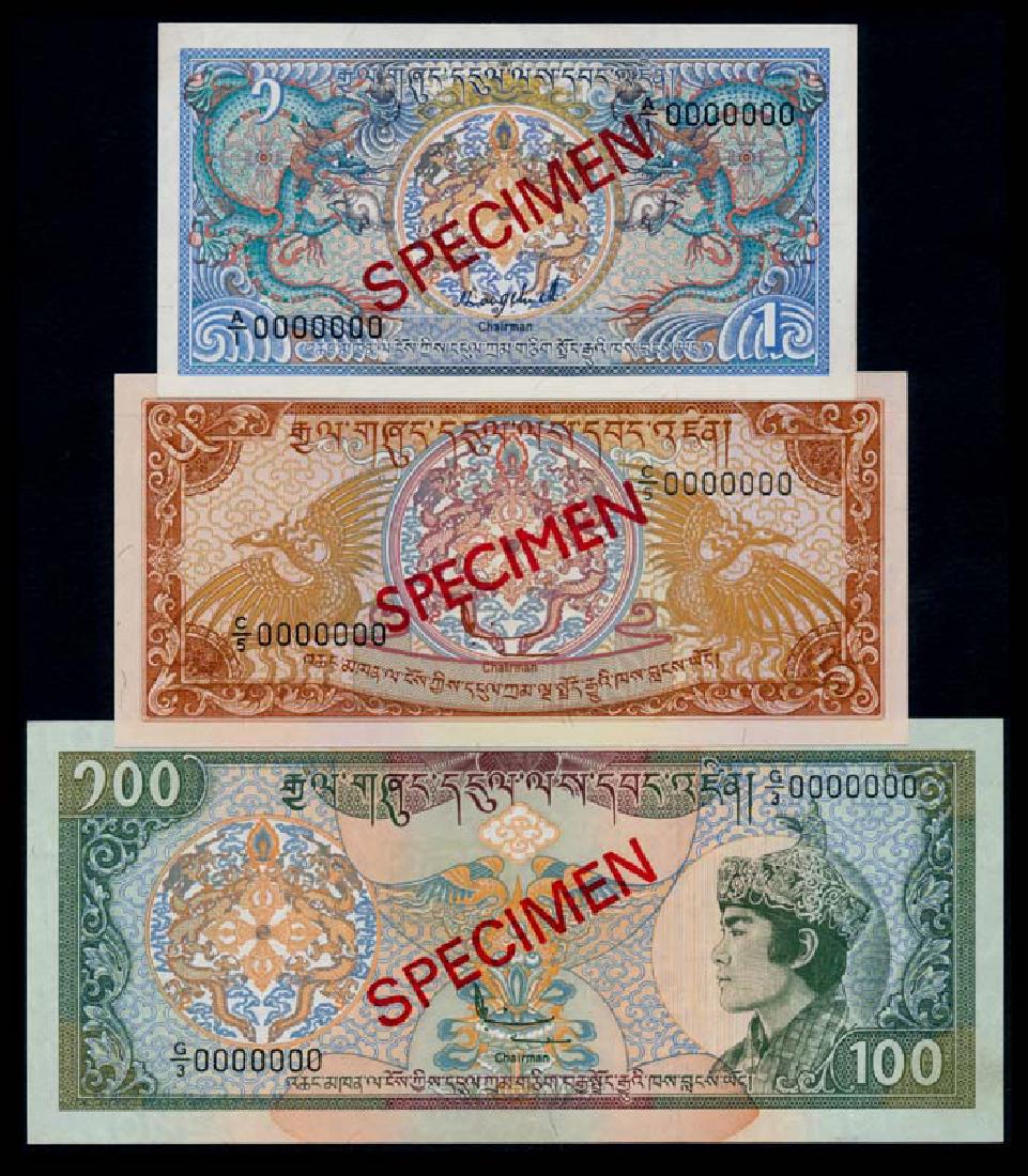 3 Bhutan 1-100 Ngultrum 1985-92 specimens (1 of 1)