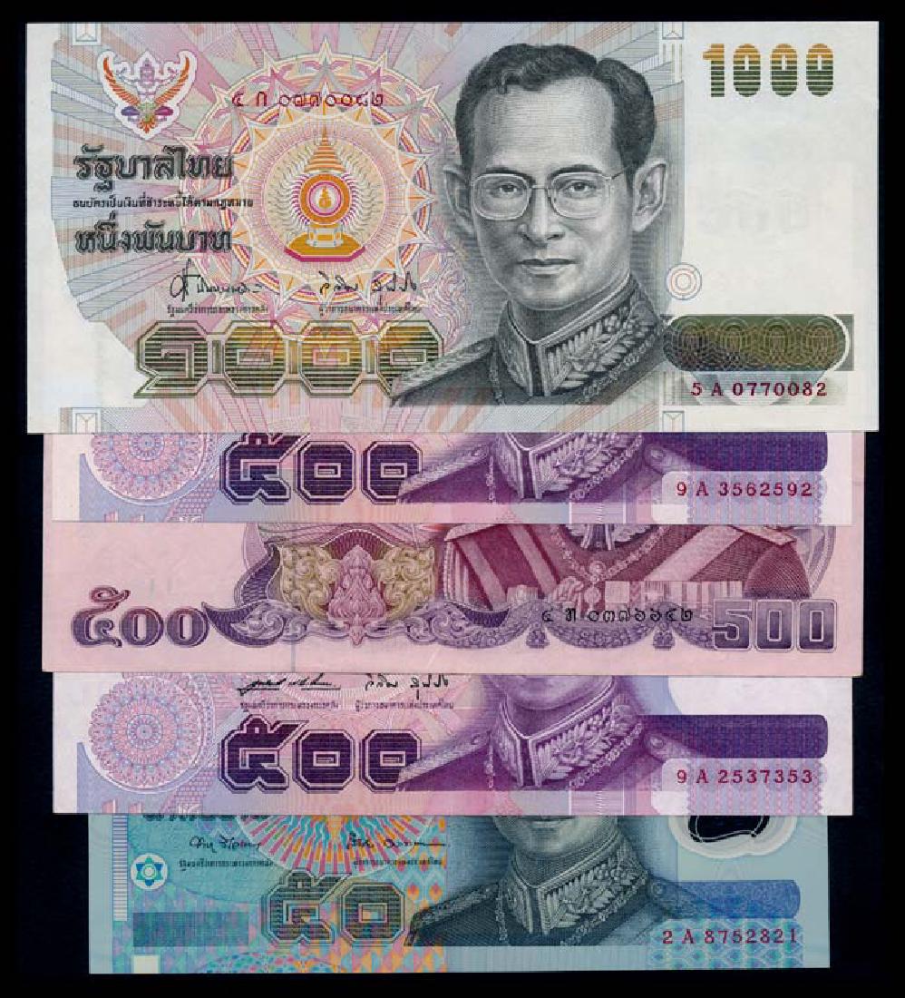 5 Thailand 50-1000 Baht 1988-97: Thailand 50 Baht, BE2540(1997), (P.102a), serial no. 2A 8752821, AU-UNC; 500 Baht, ND (1988-96), (P.91), serial no. 4H 0376652; 500 Baht (2), ND (1996), (P.100), serial nos. 9A 2537353, 9A 3562592; 10