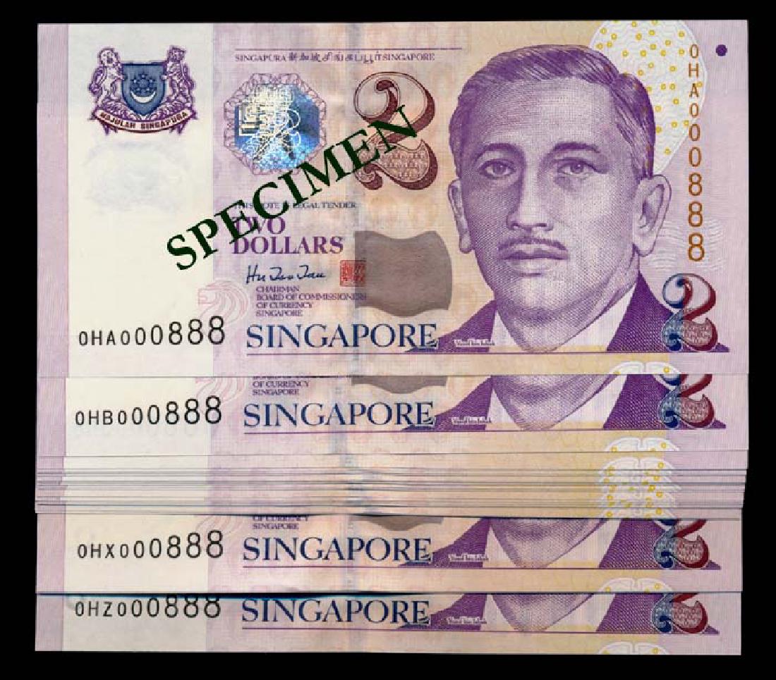 Singapore 24x$2 1999 HTT 0HA-0HZ 000888: Singapore $2, (1999), President Ishak, BCCS, sign. Hu Tsu Tau, 24 consecutive prefixes 0HA to 0HZ, prefixes 0HI and 0HO were not issued, all same serial no. 000888, generally AU-UNC. (24)