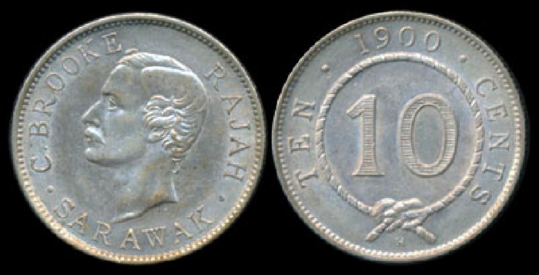 Sarawak C Brooke 10c 1900H AU: Sarawak C. Brooke, 10 Cents, (KM.9), 1900H, toned, hairlines, AU.