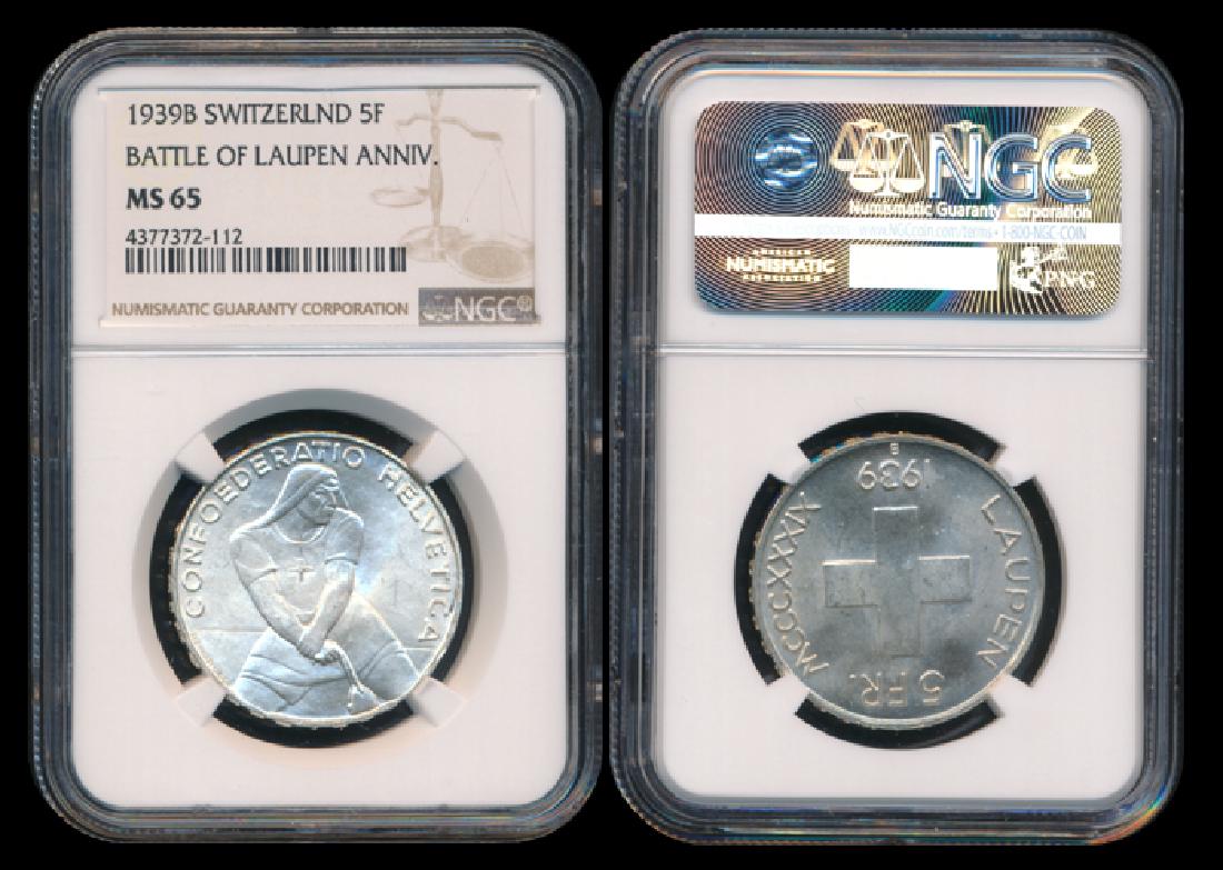 Switzerland 5 Francs 1939B NGC MS65 (1 of 1)